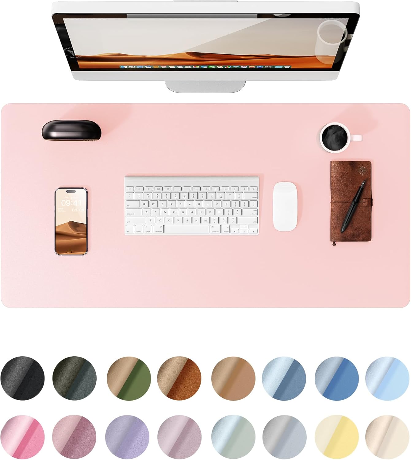 YSAGi Leather Desk Protector, Office Mat, Large Mouse Mat, Non-Slip PU Leather Blotter, Laptop Desk Pad, Waterproof Writing Pad for Office and Home (Light Pink, 35.4" x 17")