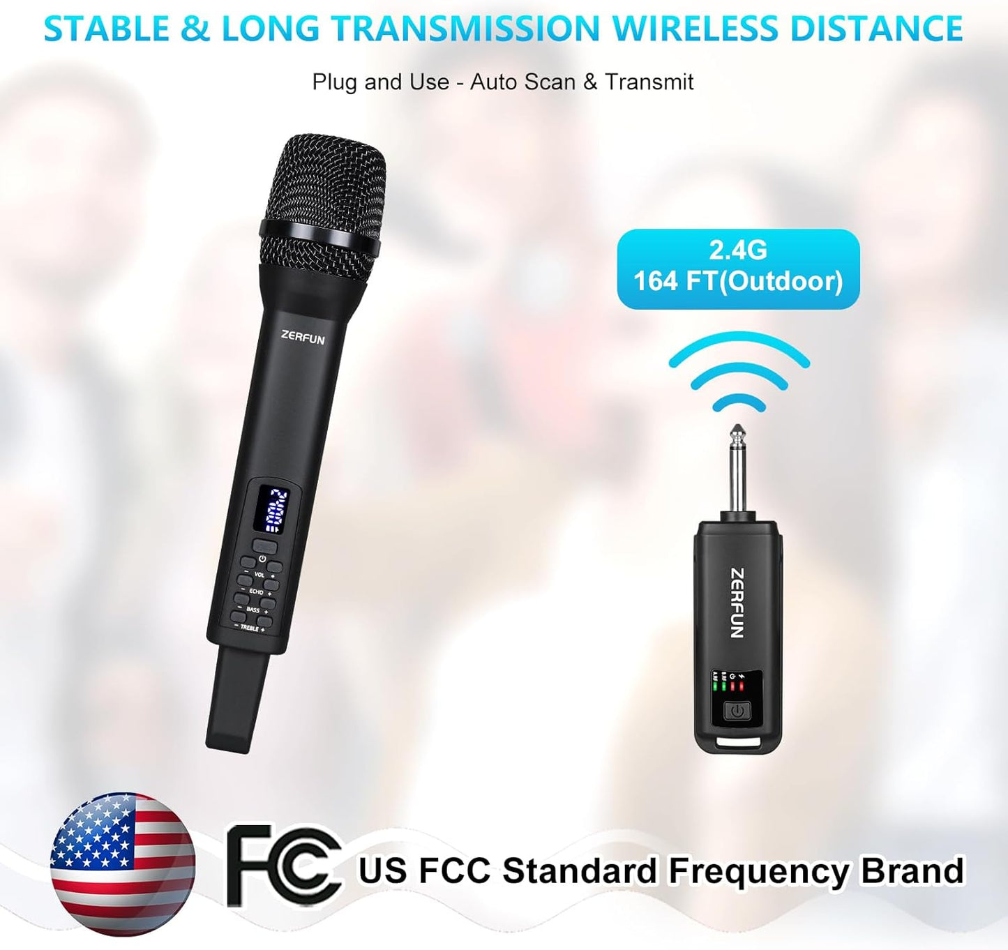 Rechargeable Wireless Microphone, Pro Handheld Cordless Mic System with Echo Treble BASS VOL Control for Karaoke Singing Church Party, 1/4'' Output, Black