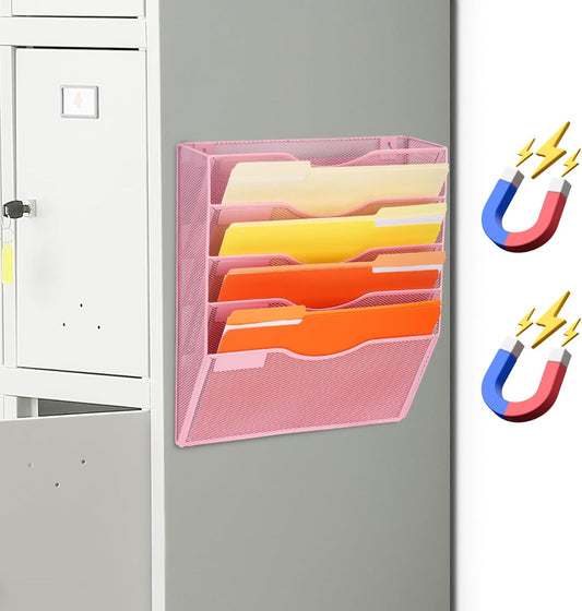 EASEPRES Magnetic 5 Pocket Mesh Hanging File Organizer, Wall Mounted Mail Paper Document Folder Holder, Clipboard Storage Organization Magazine Rack with Nametag Label for Office Home School, Pink