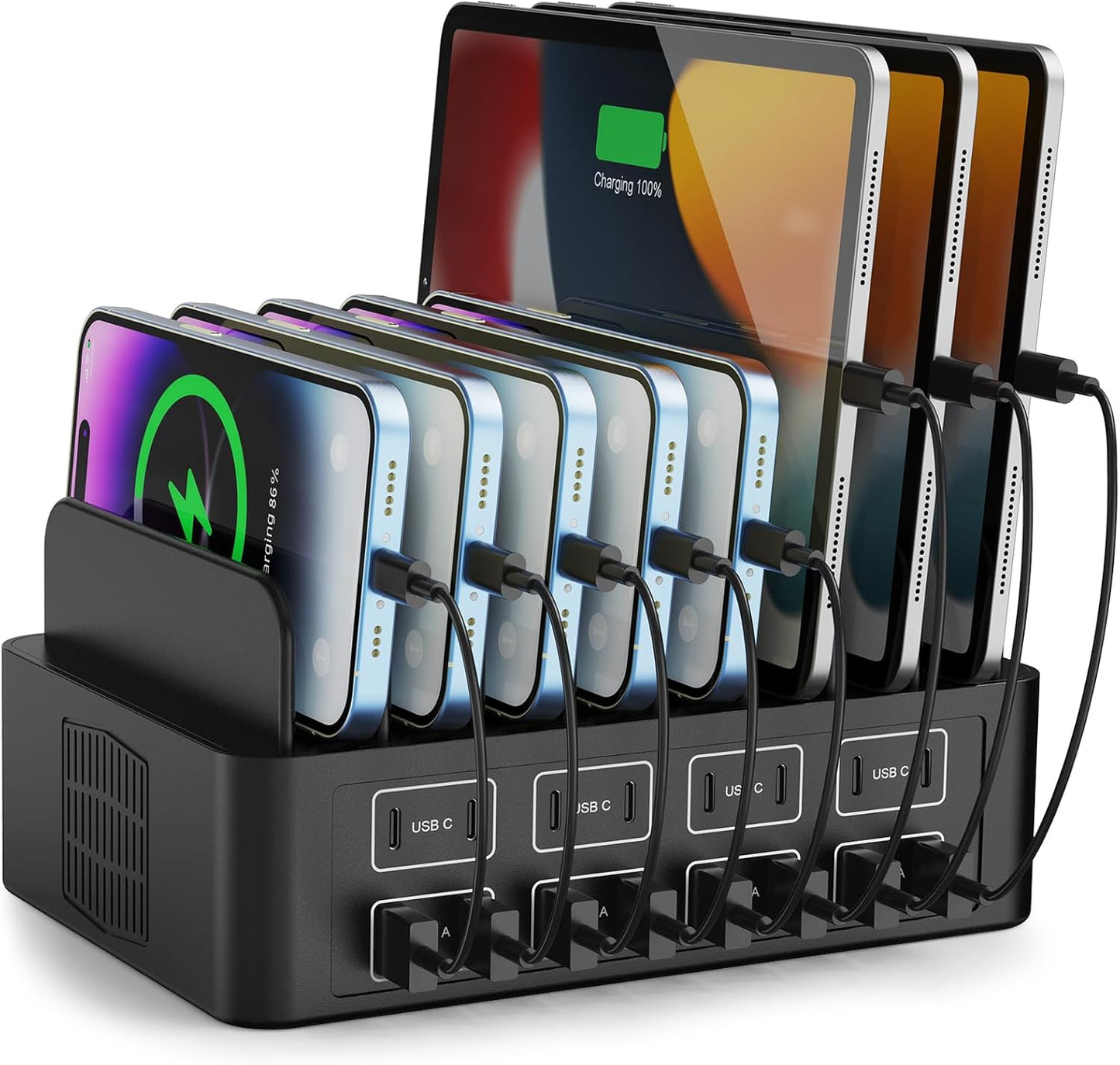 150W/35A Charging Station for Multiple Devices, RUANSZZ 16 Port USB~C Fast Charging Station, Multiple Charger Organizer Compatible with Cell Phone, iPad, Kindle, Tablet and Other Electronic