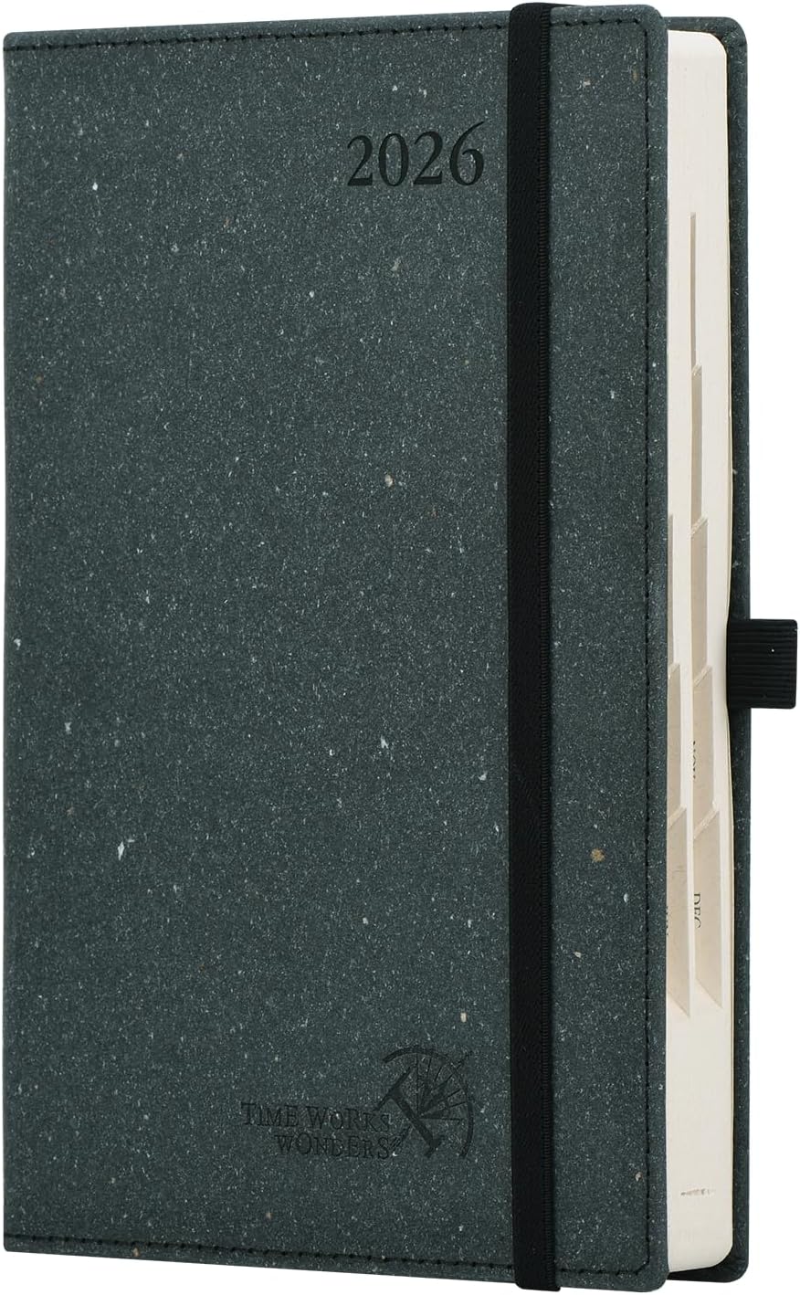POPRUN 2026 Recycled Daily Planner 12 Months (A5 Medium Size 5.75'' x 8.6'') - One Page Per Day Calendar Hourly Appointment Book with Italian Regenrated Leather, Monthly Tabs, Pocket - Black Grey