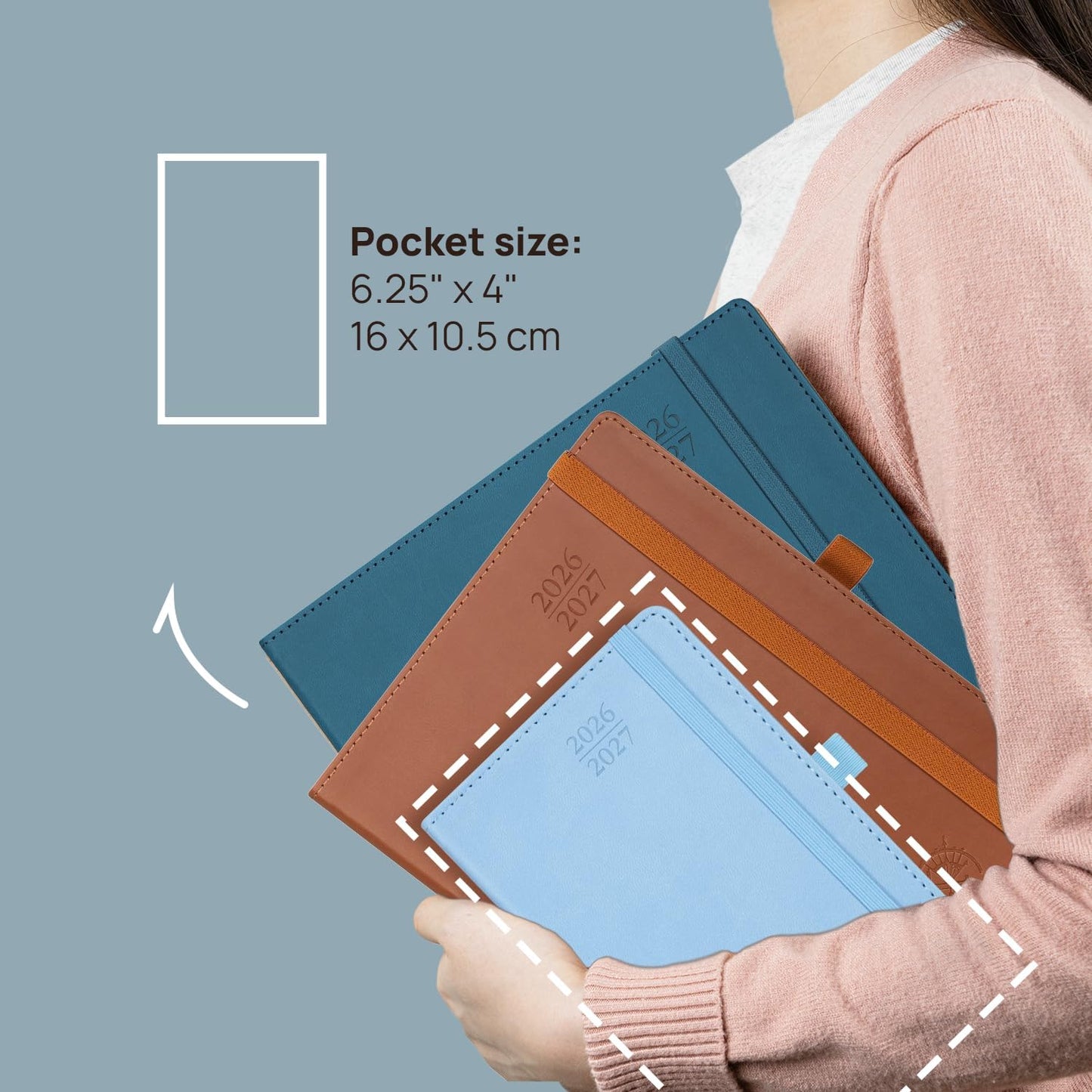 POPRUN Pocket Monthly Planner 2026-2027 (Pocket- 4''x 6.25'' Soft Leather Cover) - 18 Month Calendar Book for Purse (Jan.2026 - Jun. 2027), 100 GSM Thick Paper - Brown