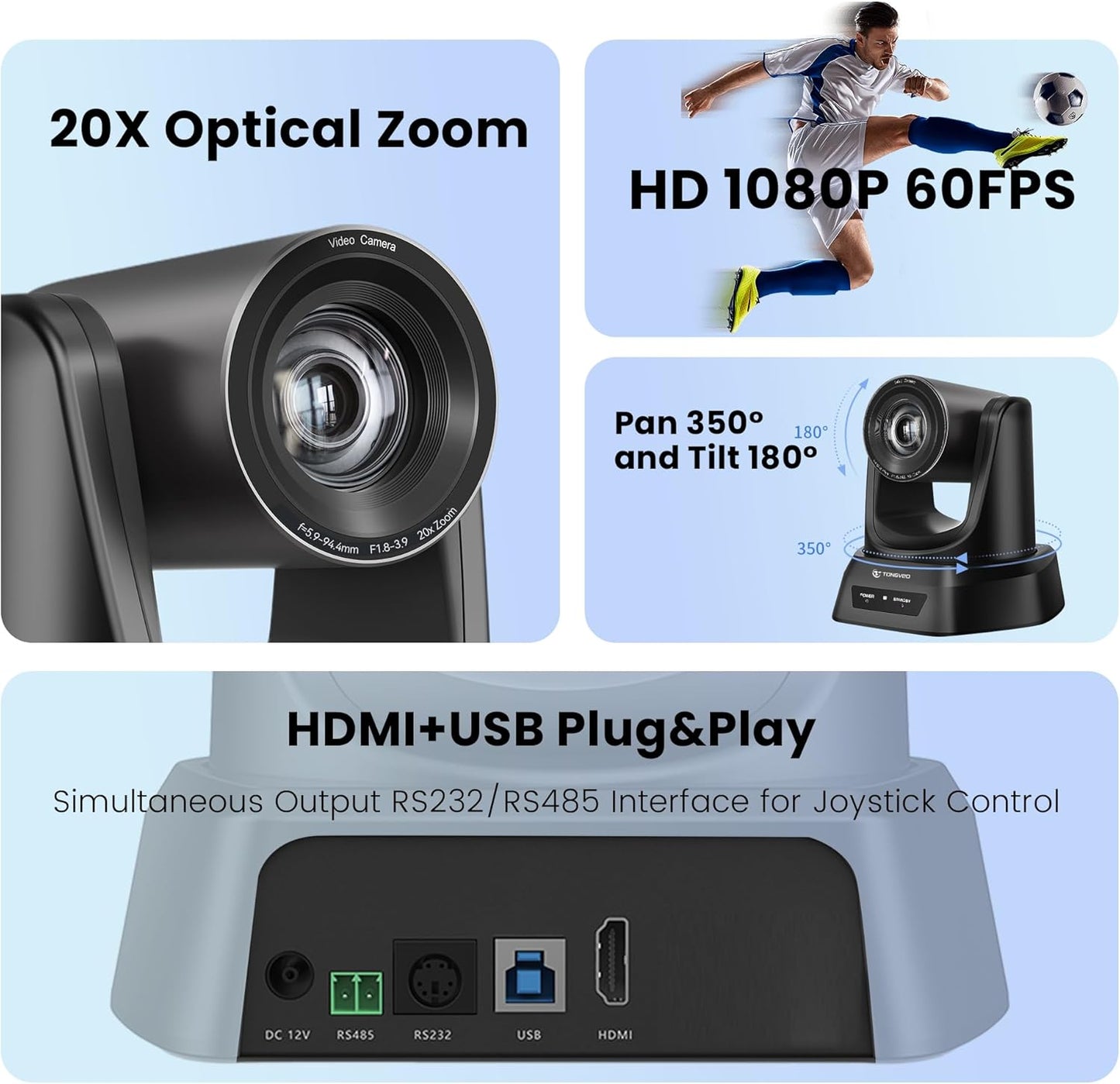 Conference Room PTZ Camera System with 20X Optical Zoom | 1080P 60fps HDMI USB Webcam for Church Streaming Online Video Conference| Compatible with Zoom, OBS | Easy Setup
