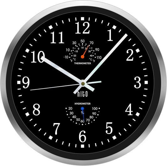 HITO 12 Inch Silent Wall Clock Battery Operated Non Ticking Glass Cover Silver Aluminum Frame, for Kitchen, Bedroom, Home Office, Living Room Decor (12" Black)