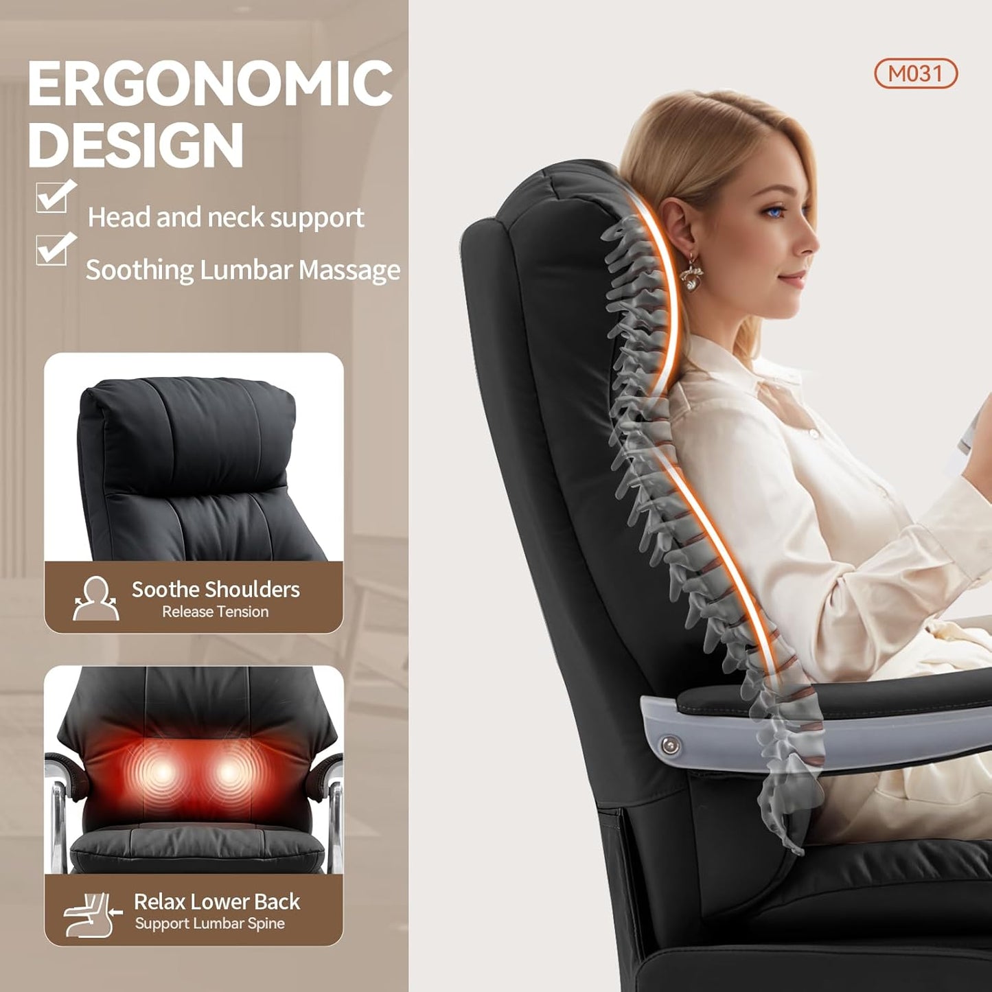 Dual Motor Electric Executive Office Chair with Foot Rest, Comfy Reclining Office Chair with Massage, Big and Tall Heavy Duty Ergonomic Home Office Desk Chairs，Sustainable Leather 400lbs, Black