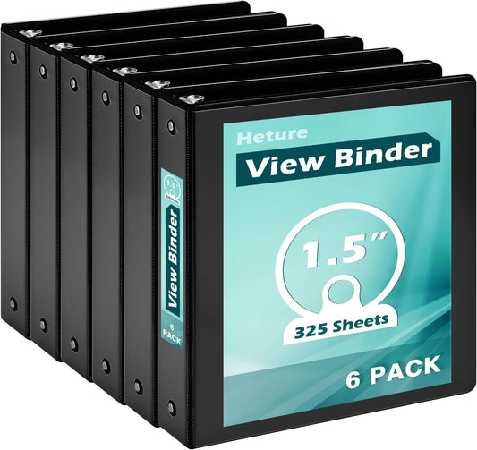 3 Ring Binder 1.5 Inch 6 Pack, 1-1/2" Clear View with Round Rings, PVC-Free,Holds for 325 Sheets 8.5X 11 US Letter Size Paper, Durable Black Perfect for Office,School and Home