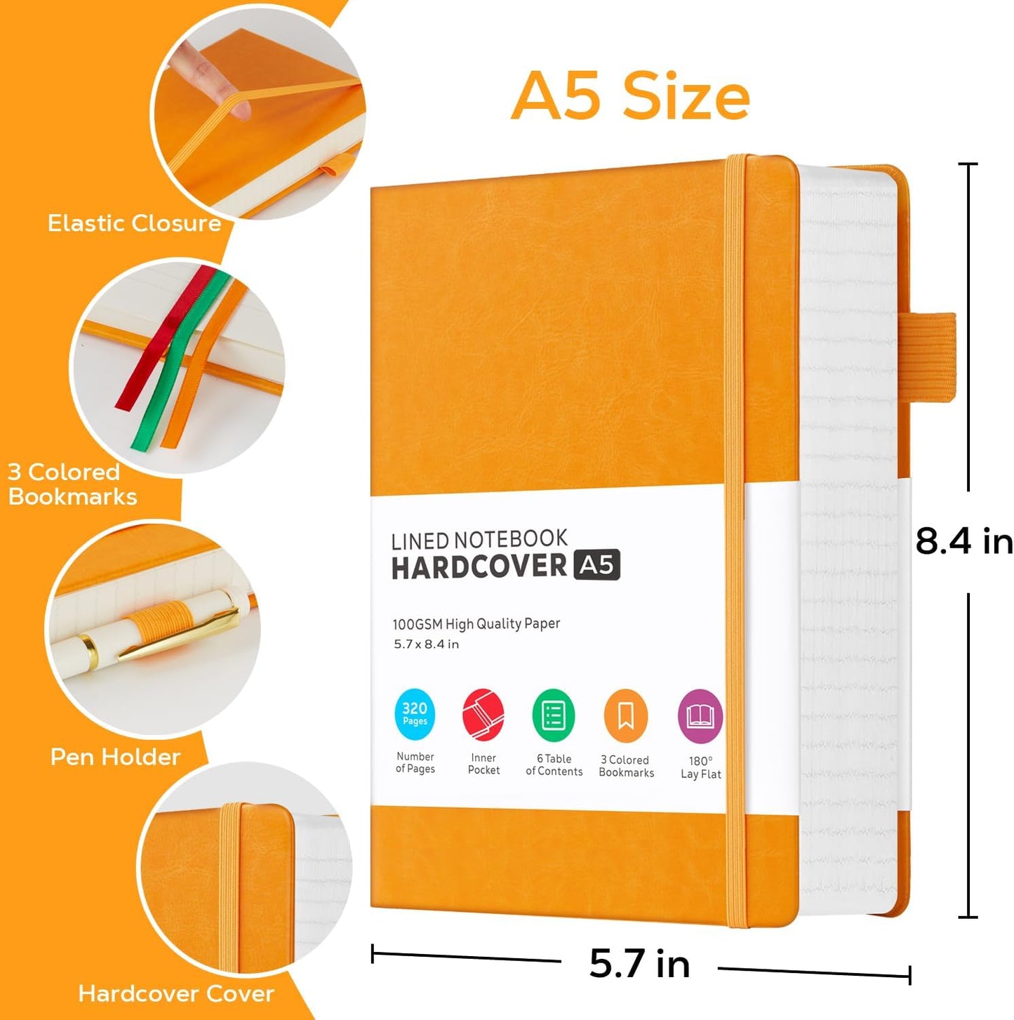 Hardcover Leather Notebooks College Ruled, 320 Pages Notebook Journals for Writing Note Taking Women & Men, A5 (5.7'' X 8.4'') Daily Notebook Journal, Orange