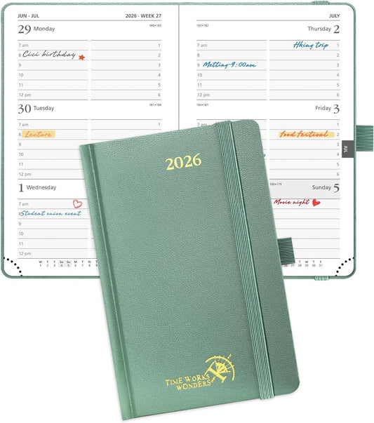 POPRUN 2026 Planner (Pocket Size 4''x 6.25'' Hardcover) - Small Calendar for Purse with Hourly Schedule & Vertical Weekly Layout, Monthly Calendars, 100 GSM - Midnight Green
