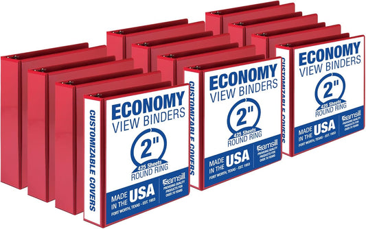 Samsill 2 Inch 3 Ring Binders, Made in USA, Economy Round Ring, Clear View Cover, 425 Sheet Capacity - for School, Home, Office - Red, 12 Pack
