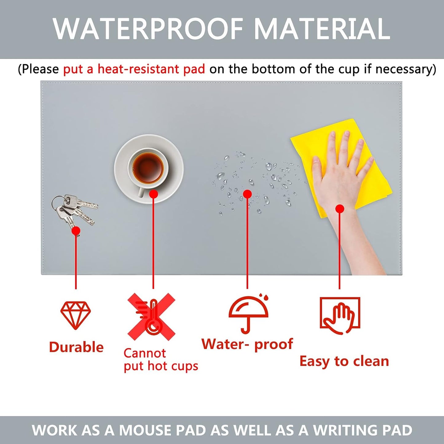 AKOZLIN 35.4"x 18.9" Soft PU Leather Surface Office Desk Mouse Mat Anti-Push Pad with Full Grip Fixation Lip Table Blotter Edge-Locked Protector Grey