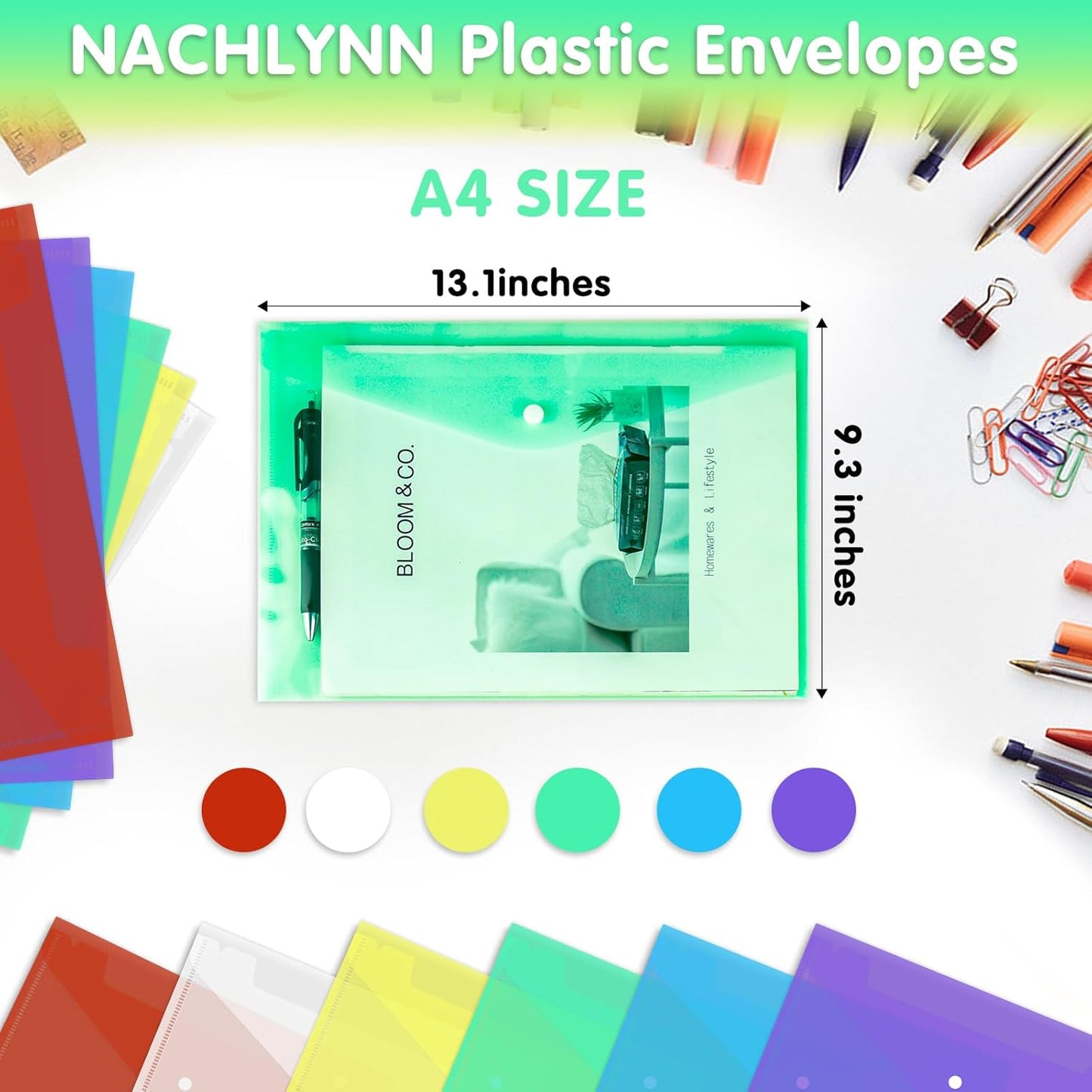 NACHLYNN 48pcs Plastic Envelopes Poly Envelopes with Snap Closure A4 Size Clear Document File Folders Organizers Assorted Color Envelope for School Office Supplies