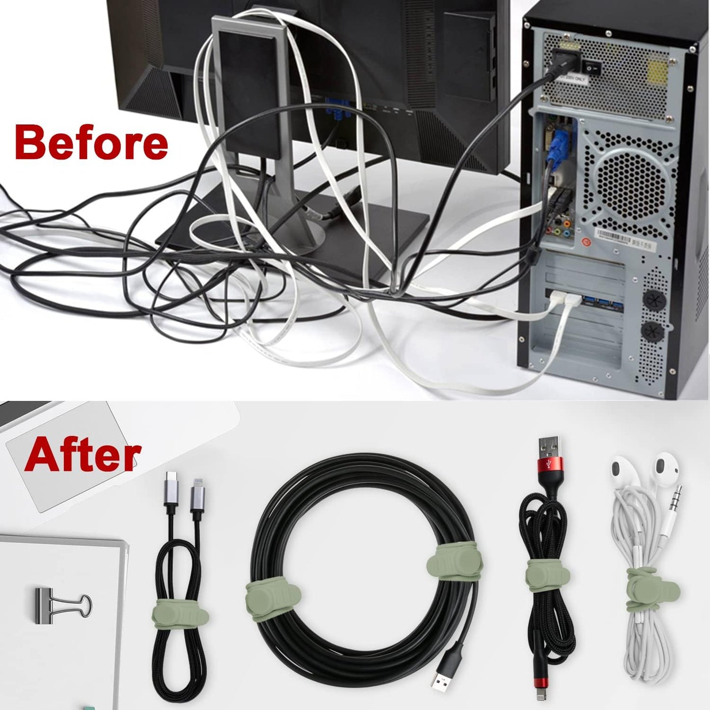 Nearockle 16Pcs Silicone Cable Straps Wire Organizer for Bundling Earphone, Phone Charger, Computer Cords, Reusable Cable Ties Cord Organizer in Home,Office,Kitchen,School(Green)