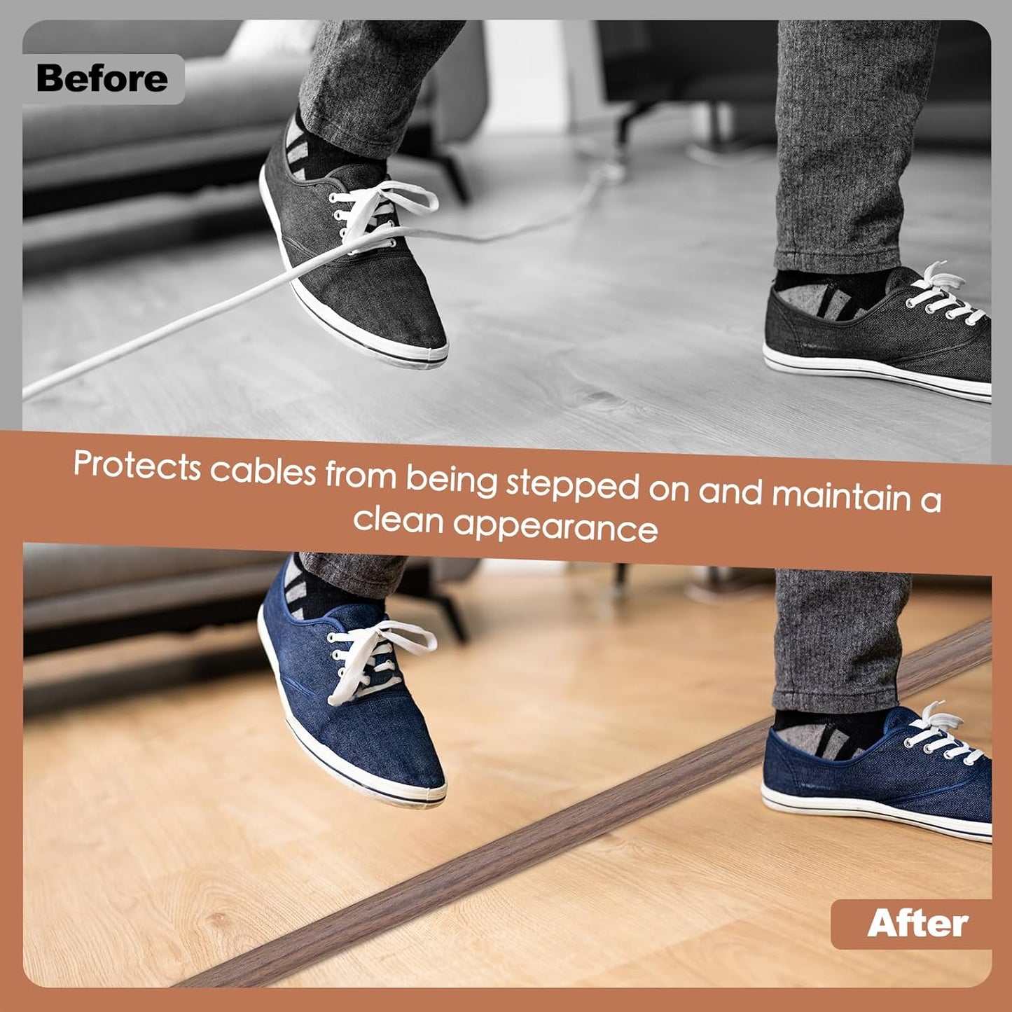 Floor Cord Cover for Wires on Floor Self Adhesive Cord Hider Floor Cable Management Wire Covers for Cords Protector Prevent Cable Trips Cord Cavity W 0.51" x H 0.31", Misty Brown Wood, 3.3Ft