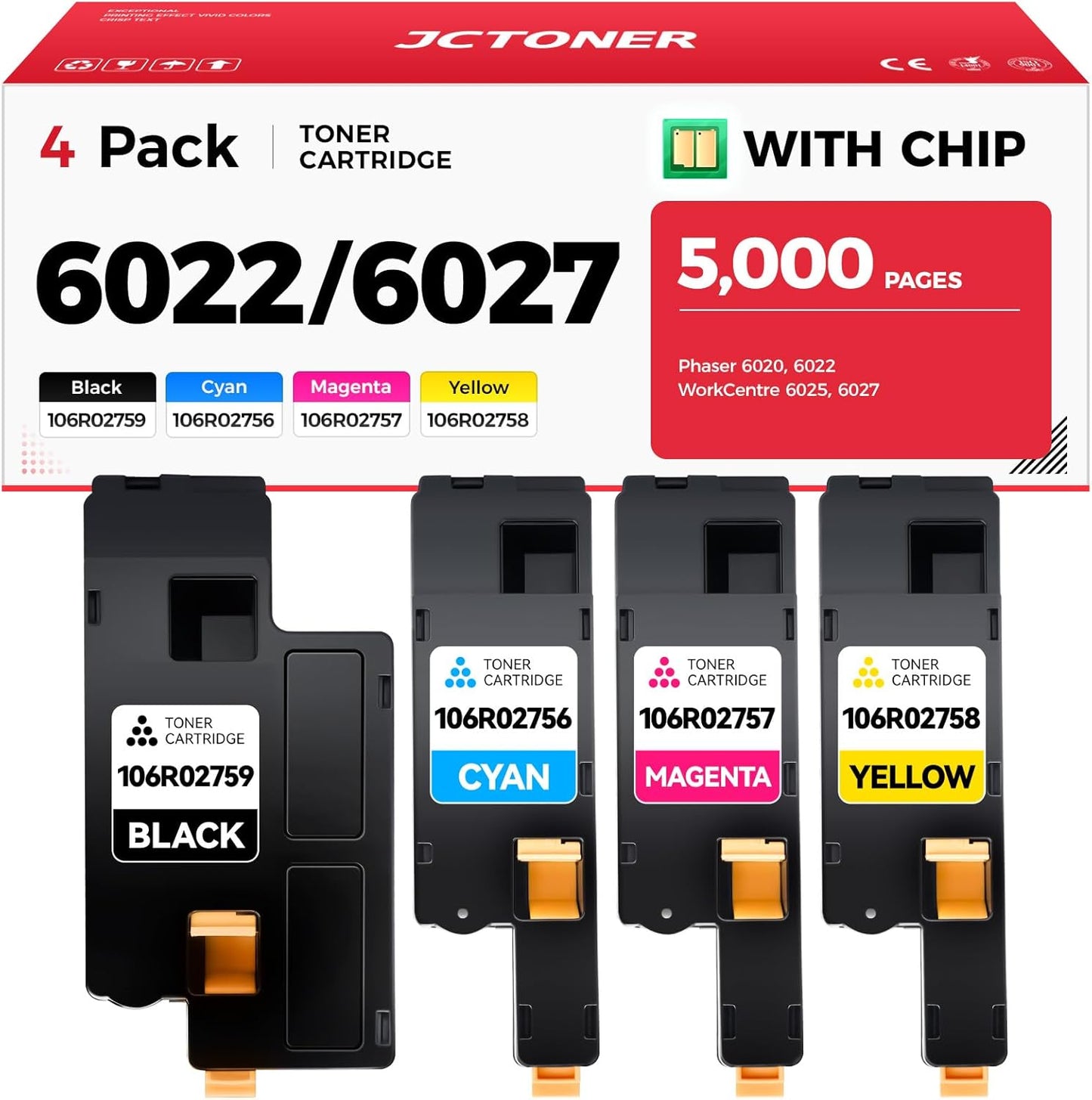 6022 6027 Toner Cartridge Set 4-Pack Replacement for Xerox 106R02759 106R02756 106R02757 106R02758 Compatible with Xerox Phaser 6020 6022 WorkCentre 6025 6027 Color Printer Black Cyan Magenta Yellow