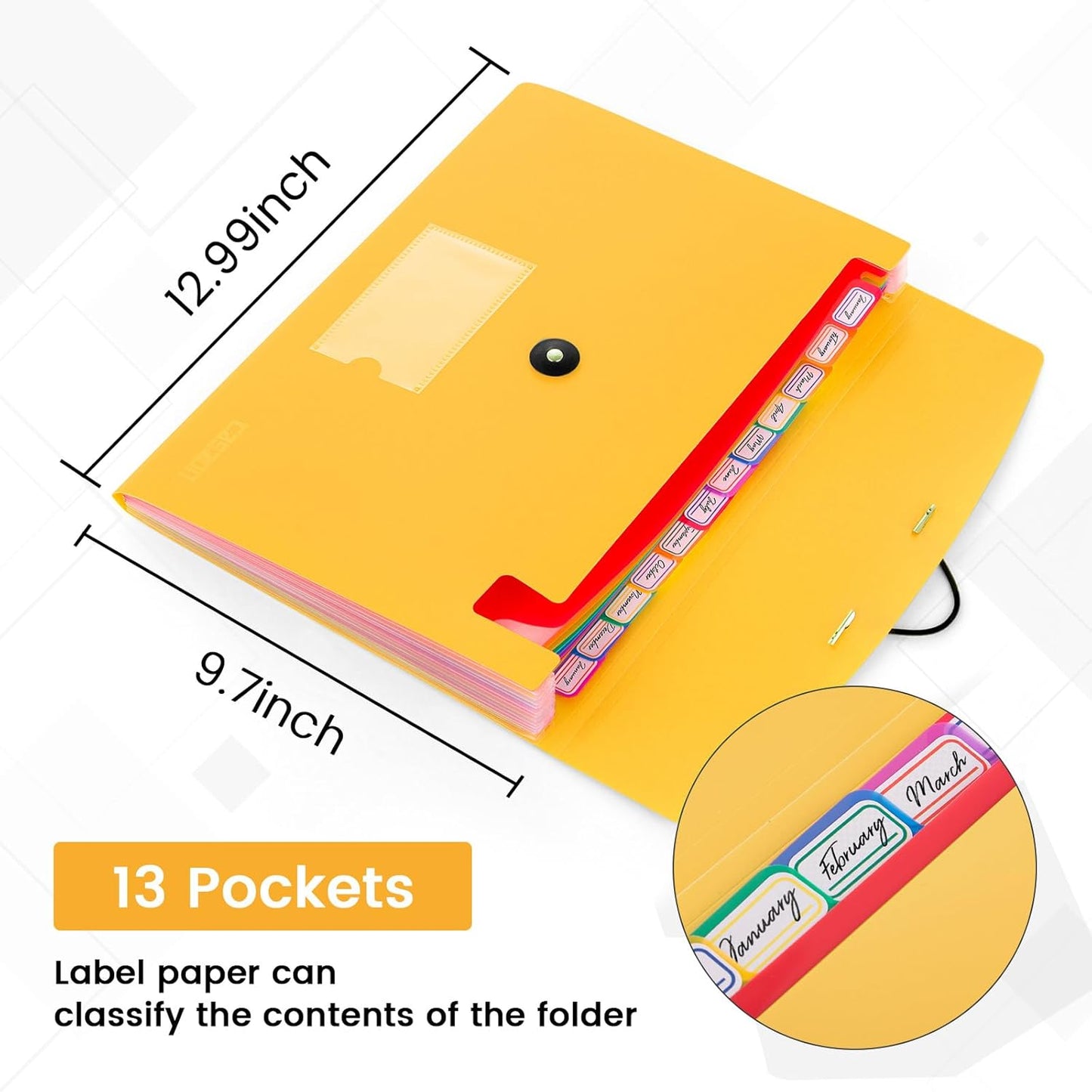 13 Pocket Expanding File Folder Accordian File Organizer, A4 Letter Size Paper Document Receipt Holder for School Office Supplies, Yellow