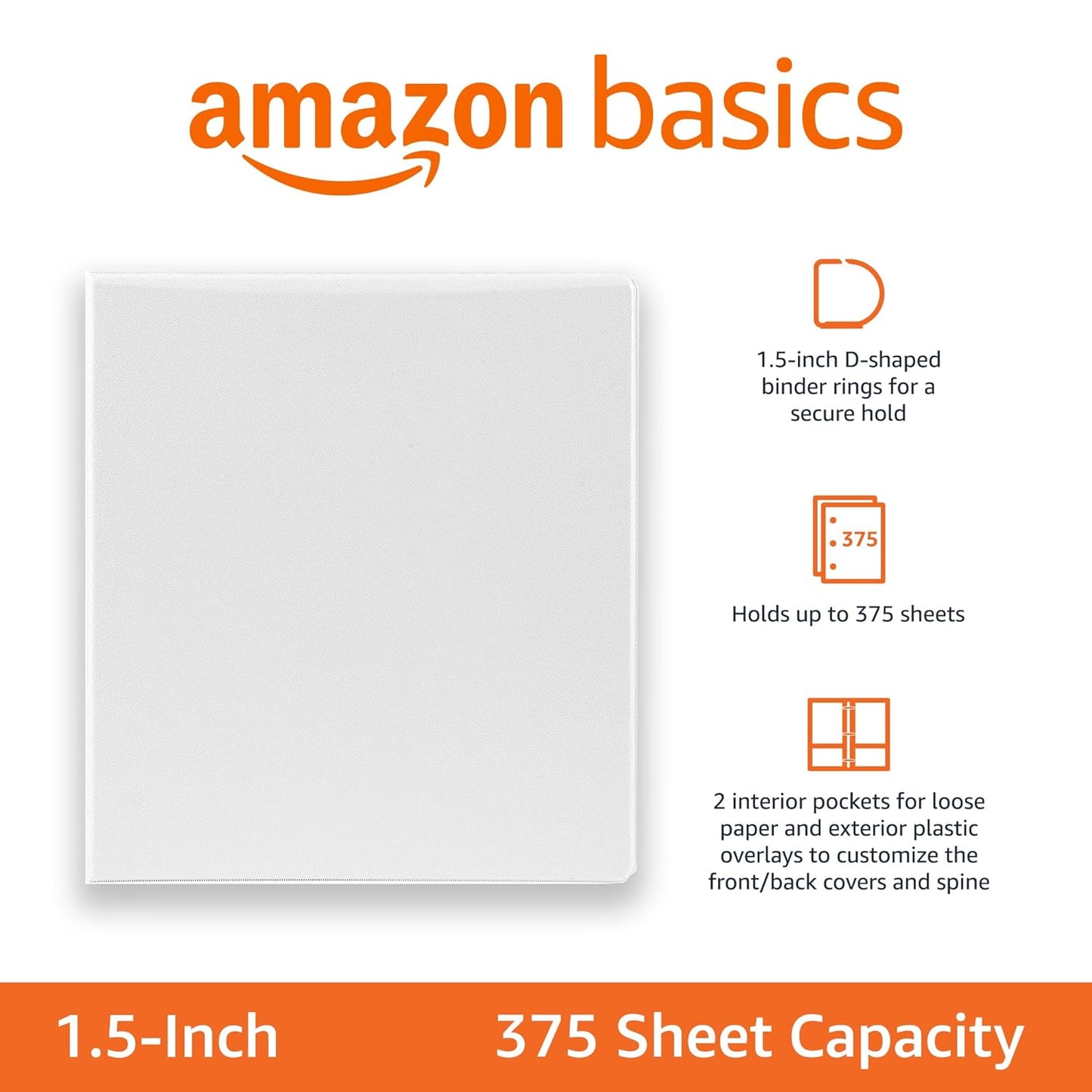 Amazon Basics 3 Ring Binders, 1.5 Inch, 4 Pack, D-Ring Organizer for School, Home Office, White