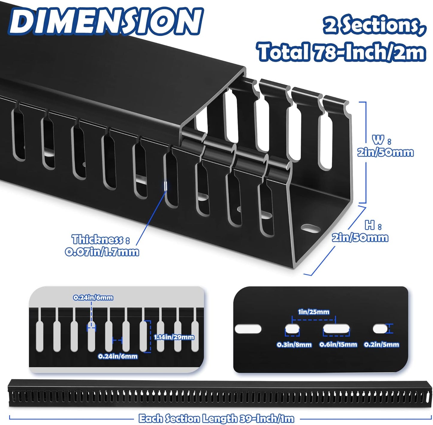ZhiYo Cable Raceway 78in(2xL39in), Server Rack Cable Management Under Desk Cord Organizer, Electrical Safe PVC Cable Channel Open Slot Wire Raceway for Network/PC/TVs, Wire Duct H2 x W2in Black