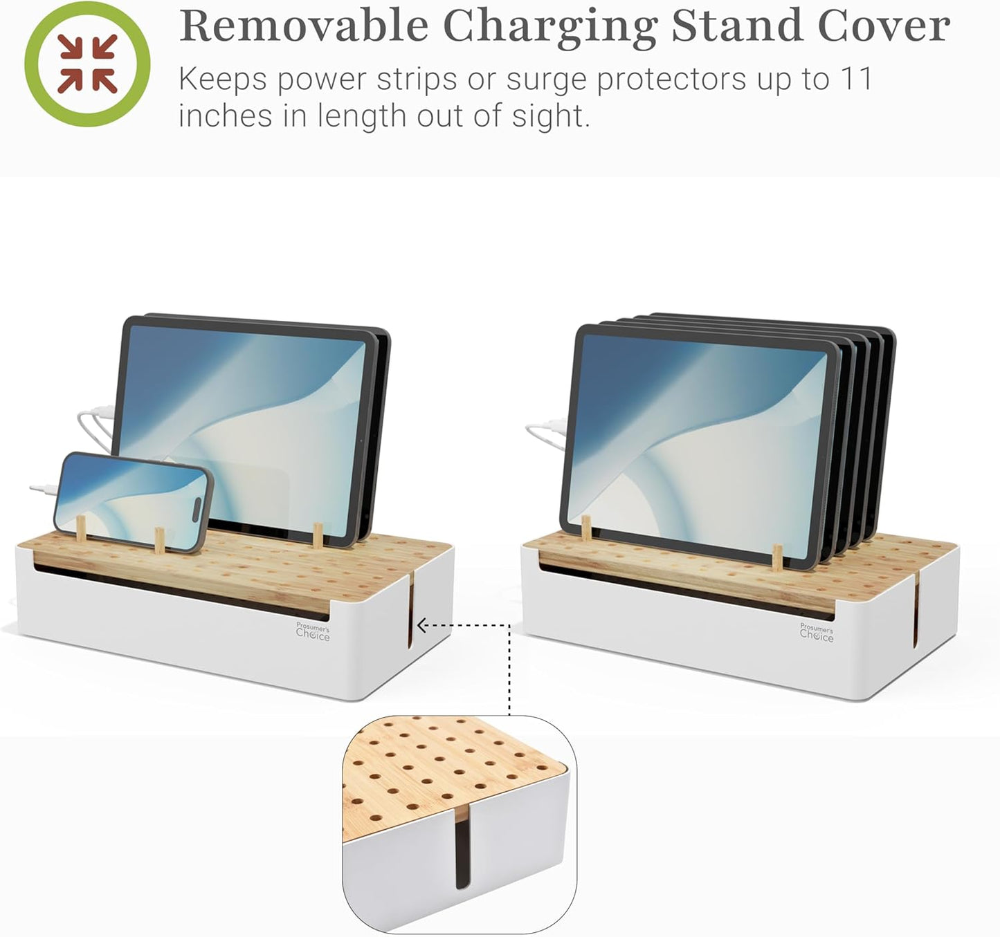 Prosumers Choice Bamboo Charging Station for Multiple Devices - Wooden Charger Organizer with Removable Dividers for Phones, Tablets, and Laptops - 11 Inch Cable Organizer Box - Space-Saving Desk Dock