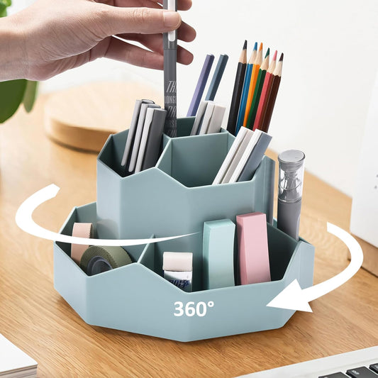 Pencil Pen Holder for Desk, 9 Slots 360 Degree Rotating Desk Organizer, Cute Pen Organizers Stationery Supplies for Office Home & Art Supply (Blue)