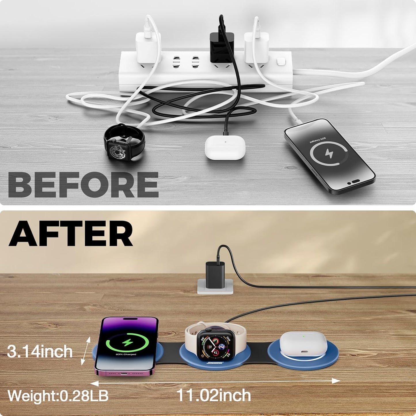 Hicober 3 in 1 Charging Station for Apple Multiple Devices, Foldable Travel Wireless Charger 18W for iPhone 16 15 14 13 Pro Max Plus &Apple Watch Series/Airpods Light Blue