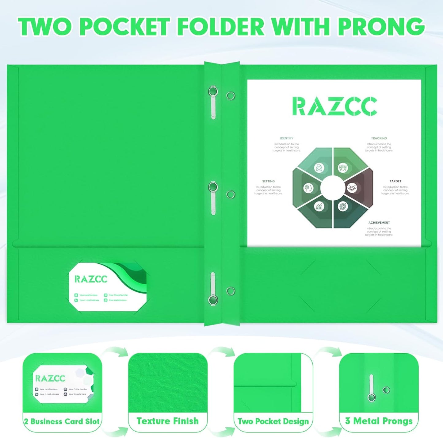 Two Pocket Folders, RAZCC 75 Pack Two Pocket Folders with Prongs, 3 Prong Folders Fit Letter Size Paper, Pocket File Folders for School Office Home Business, Green