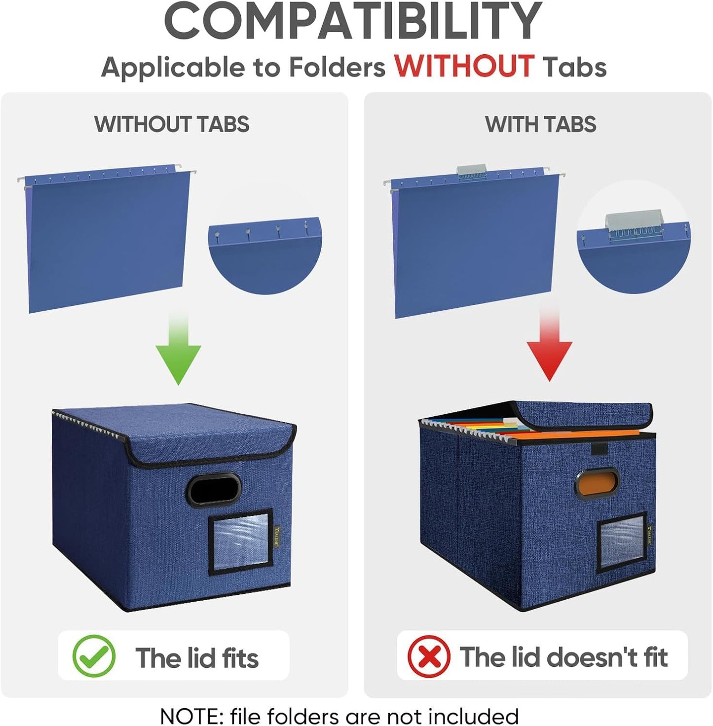 BALEINE File Organizer Box with Lid, Collapsible File Folder Organizer with Plastic Slide, Hanging File Folder Box for Office Document Storage (2 Pack, Blue)