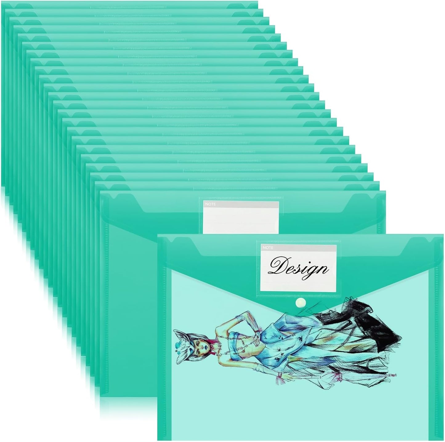 Lincia 24 Pcs Plastic Envelopes A4 Size Poly Envelopes File Folders Work Document Holder Office Paper Plastic File Organizer with Label Pocket Snap Button Home File Bag for School (Clear Green)