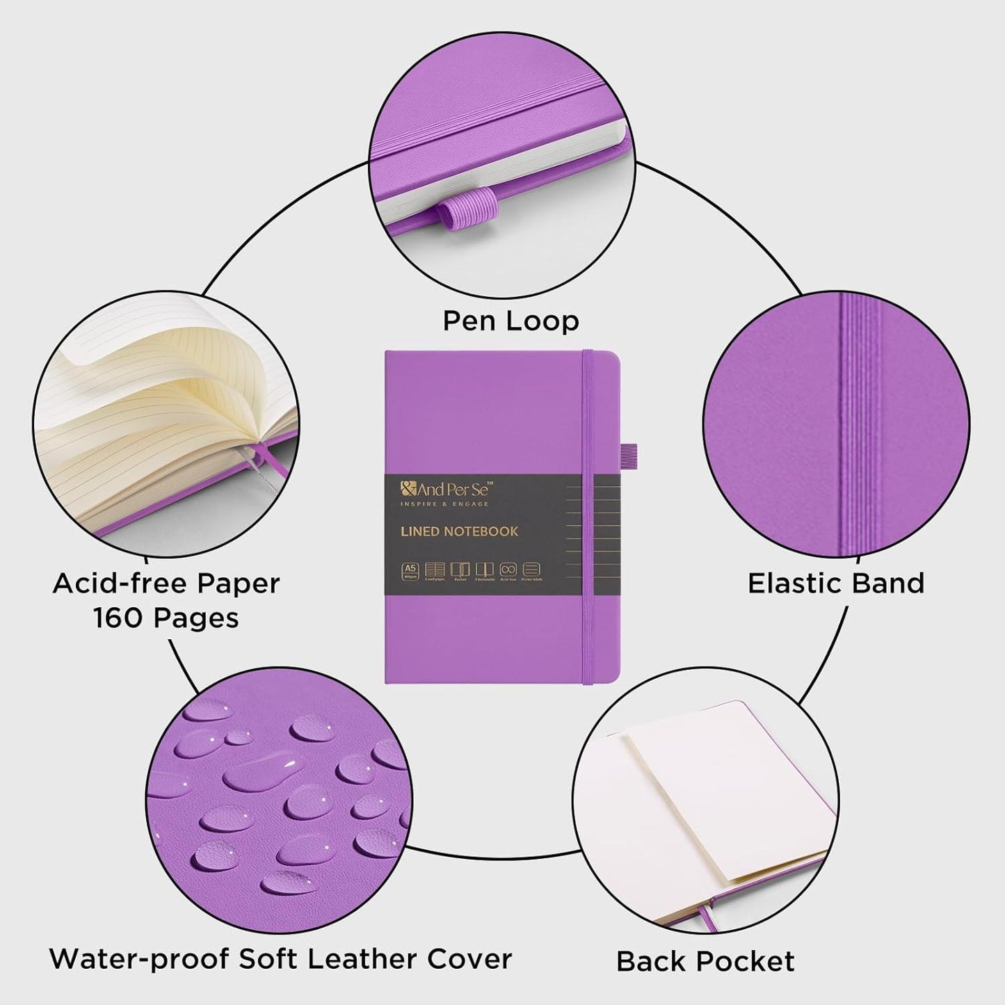 &And Per Se Lined Journal Notebook, 160 Pages, A5 5.7 x 8 inches College Ruled Thick Paper Notebook Journals for Writing, Hardcover Notebooks for Women Men Office School (1 Pack, Violet)