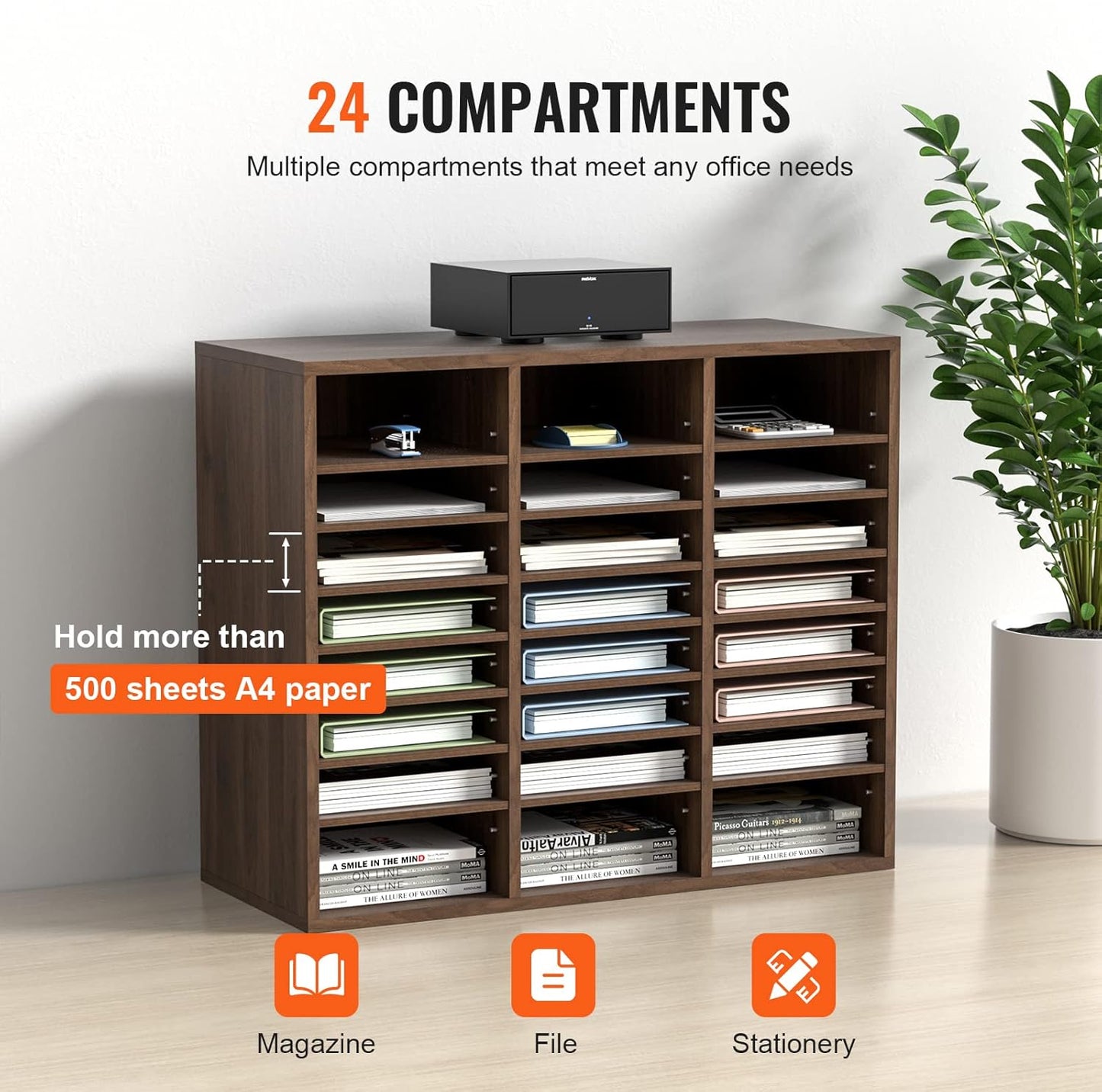 VEVOR 24-Compartment Office Mailbox, Adjustable Shelves, Wood Literature Sorter 29x12x24.4 inches – Ideal for Office, Home, Classroom, Mailrooms Organization – EPA Certified (Brown)