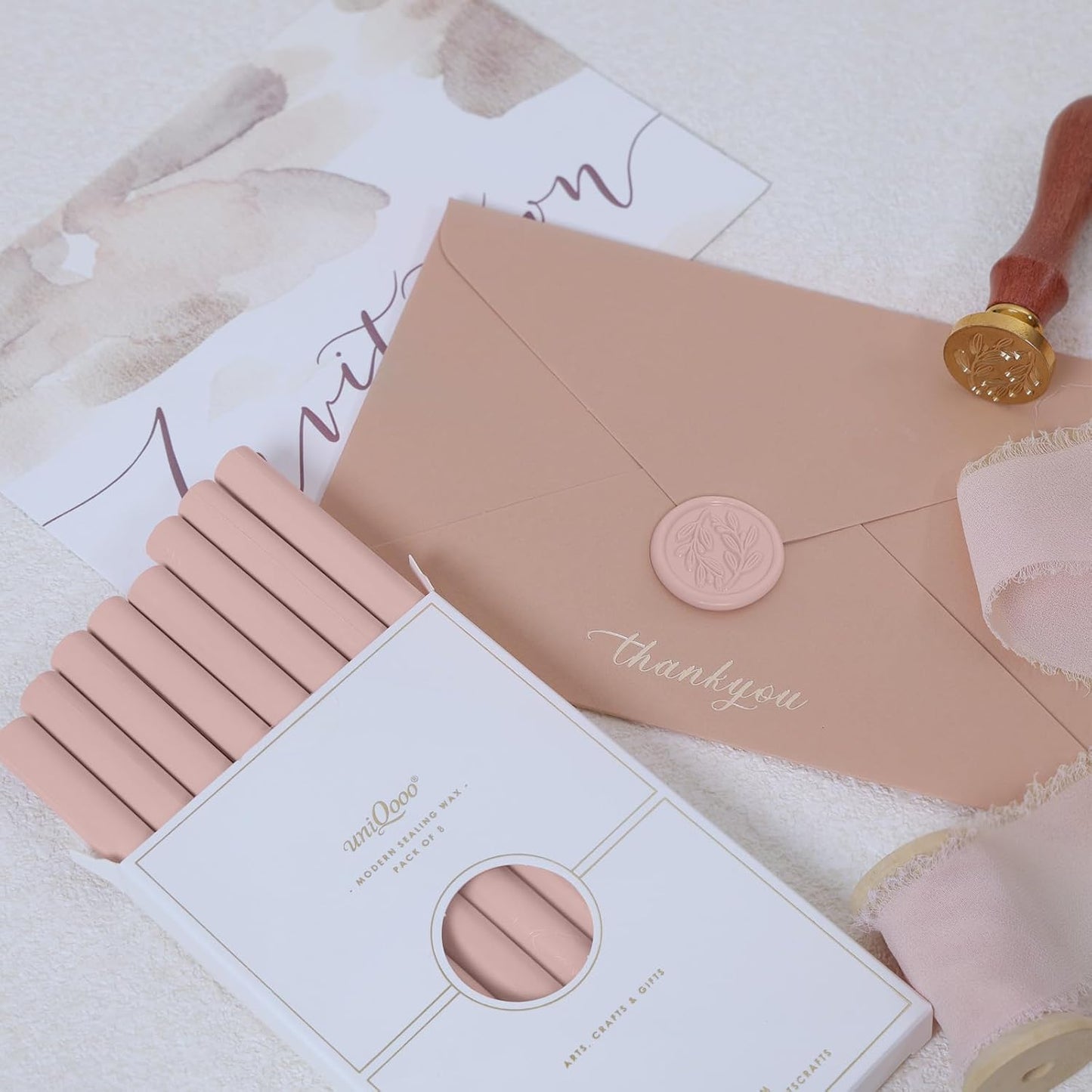 UNIQOOO Blush Pink Sealing Wax Sticks for Wax Seal Stamp - Perfect for Wedding Invitations, Cards Envelopes, Snail Mails, Wine Packages, Christmas Gift Ideas, Pack of 8