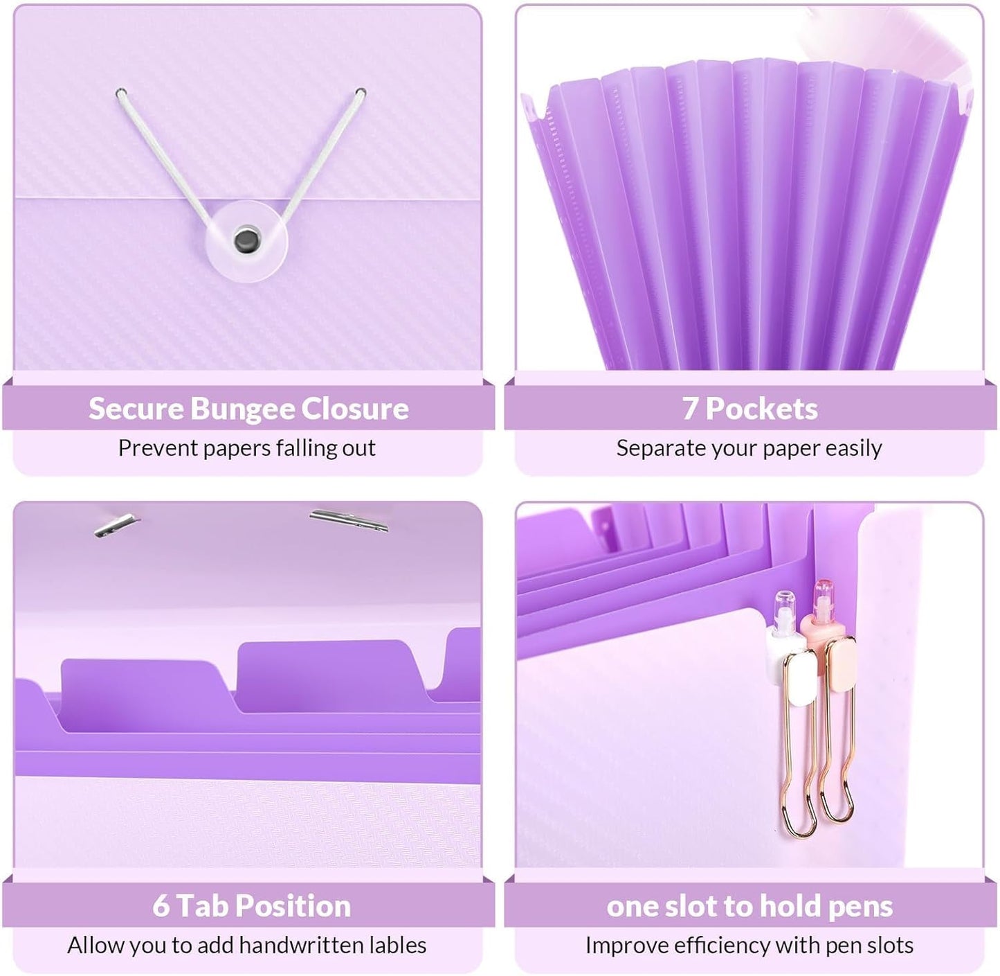 SKYDUE Expanding File Folder with 7 Pockets, Accordion File Organizer, Portable Folders for Documents, School Office Supplies Bungee Closure, Letter/A4 Size Purple