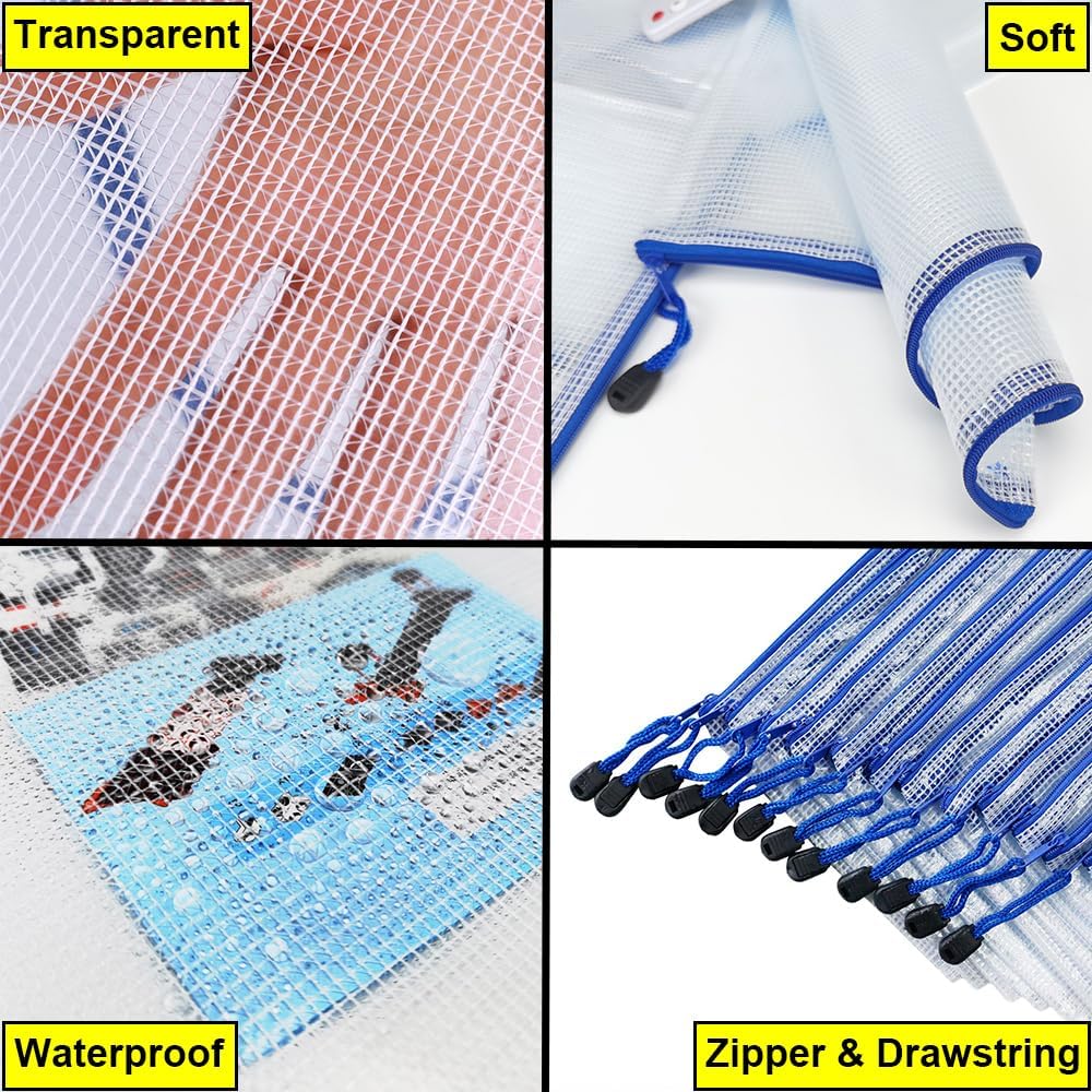 AUSTARK 10 Pcs Zipper File Bags, Waterproof Plastic Mesh Pouch for Office School, Board Game Storage Bags (A5 Size 9.2''x6.7'', White and Blue)