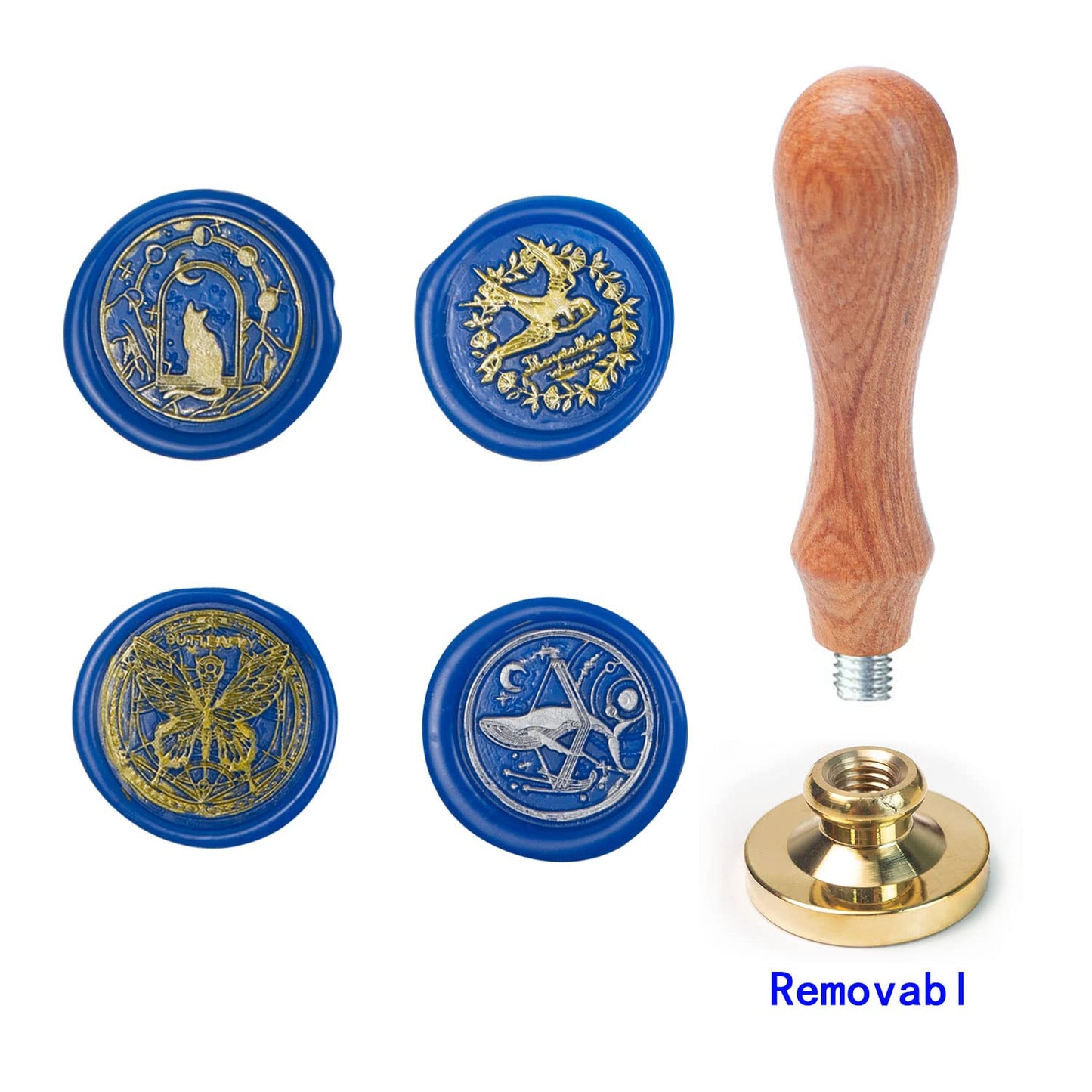 Wax Seal Stamp kit, ANBOSE Animal Wax Seal Stamp Set with 4 PCS Removable Brass Heads and 1 Wooden Handle, Moon Star Cat Whale Butterfly Swallow Sealing Wax Stamp for Cards Invitations