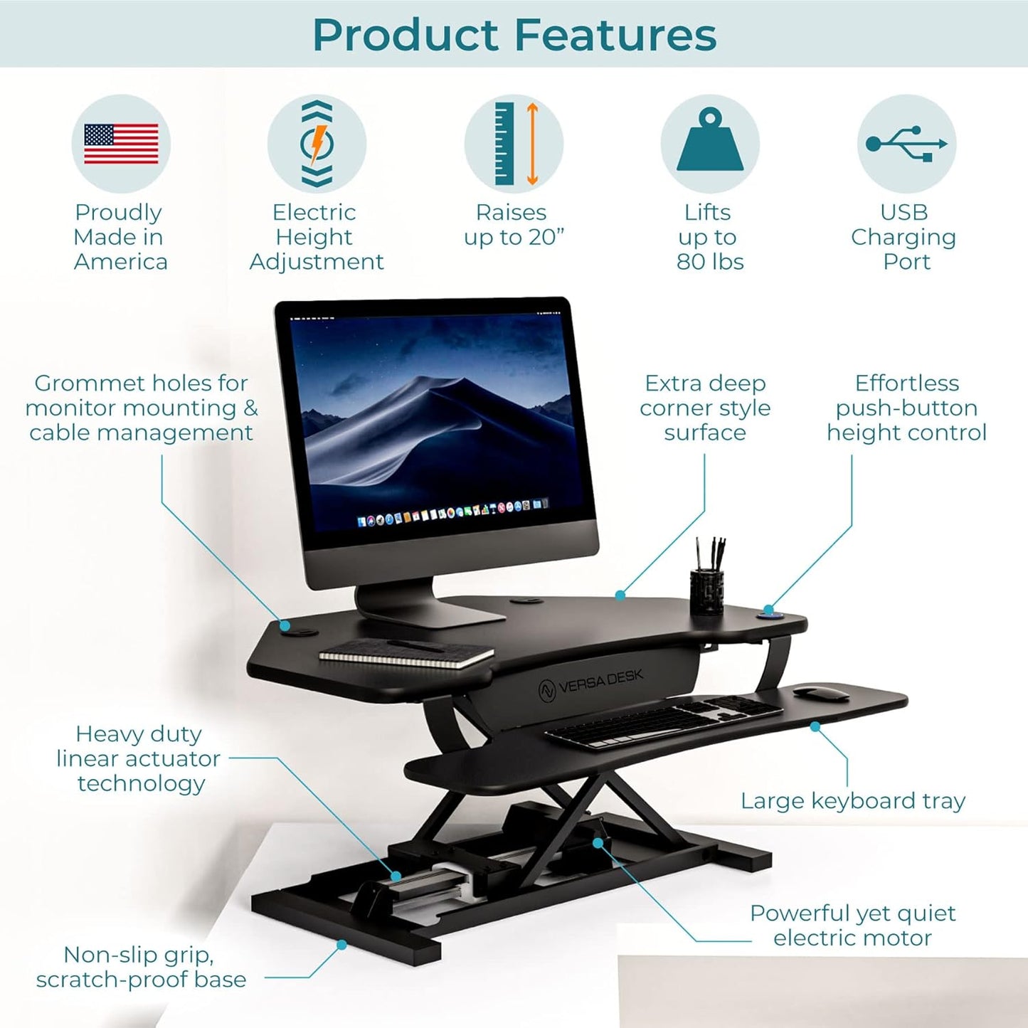 VERSADESK® PowerPro™ 36" Corner Standing Desk Converter, 36 Inch Motorized Height-Adjustable Standup Desk Riser Sit to Stand Desktop with Keyboard and Mouse Tray + USB Charging Port, Black