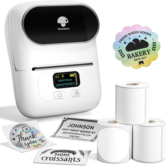 Phomemo M110 Label Printer - Bluetooth Portable Label Maker No Ink, Mini Barcode Label Printer for Retail, Address, Barcode, Home, for PC/Mac, iOS/Android with 3pack Most Used Labels, Snow White