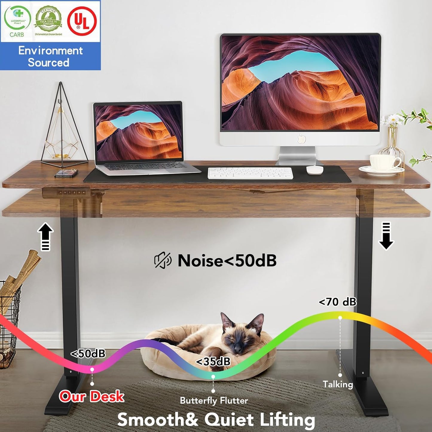 farexon Electric Standing Desk Adjustable Height, 48x 24 Inches Sit Stand Up Computer Desk with Double Metal Hook，4 Memory Preset Heights, 27''-46'' Lifting Range for Home/Office（Brown）