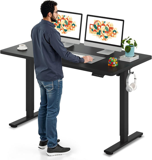 SANODESK Electric Standing Desk 55 x 28 Inches Whole-Piece Desktop Height Adjustable Stand Up Desk w/6-Button Controller Ergonomic Computer Desk for Home Office, Black Frame + Black Tabletop