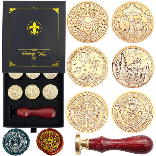 Wax Seal Stamp Hot Stamping Gift Box Set, 6 Pcs Sealing Wax Stamps Copper Seals 1 Wooden Hilt, Wax Stamp Kit for Cards Envelopes, Gift Packaging