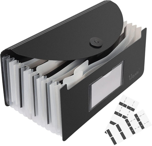 Uquelic Stand Receipt File Folder Check Organizer- Piano Key 13 Pockets Expanding Accordion Coupons Storage with Label, in Case I Go Missing Binder