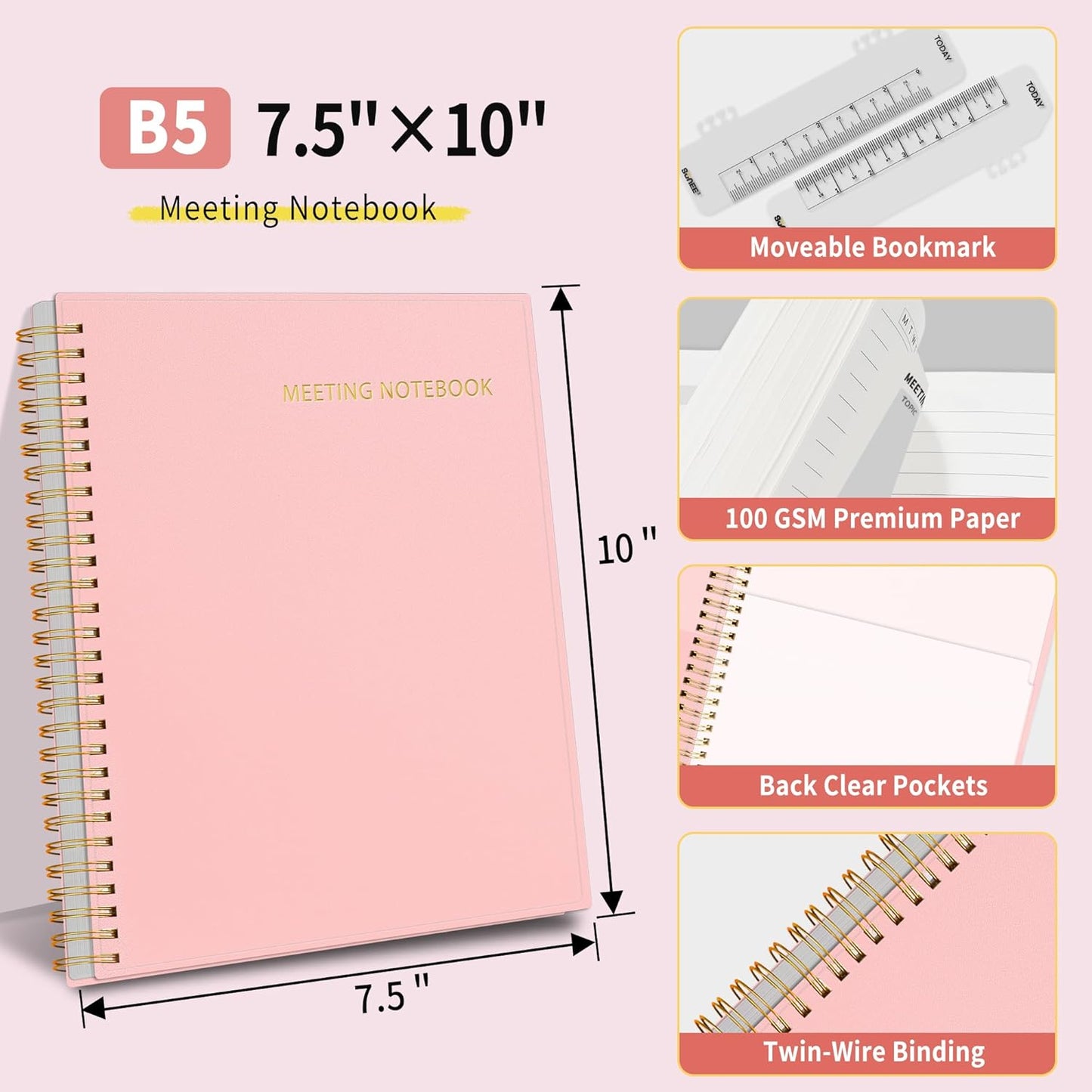 SUNEE Half Meeting Half Note - 7.5"x10" Professional Notebooks for Work - 160 Pages, B5 Size Project Planner, Spiral Meeting Agenda/Minutes Organizer for Women Men, Note Taking, Office & Business