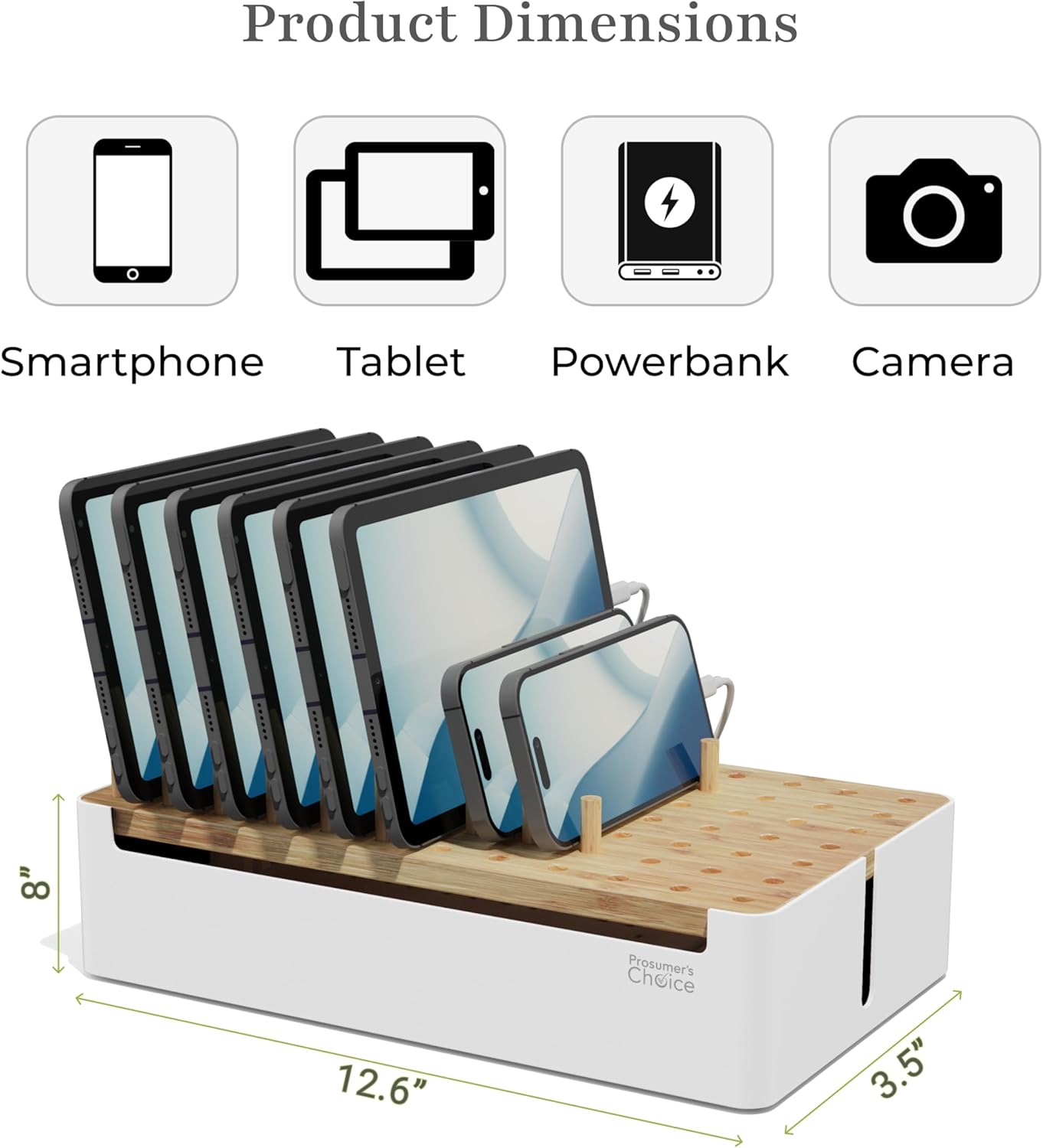 Prosumers Choice Bamboo Charging Station for Multiple Devices - Wooden Charger Organizer with Removable Dividers for Phones, Tablets, and Laptops - 11 Inch Cable Organizer Box - Space-Saving Desk Dock