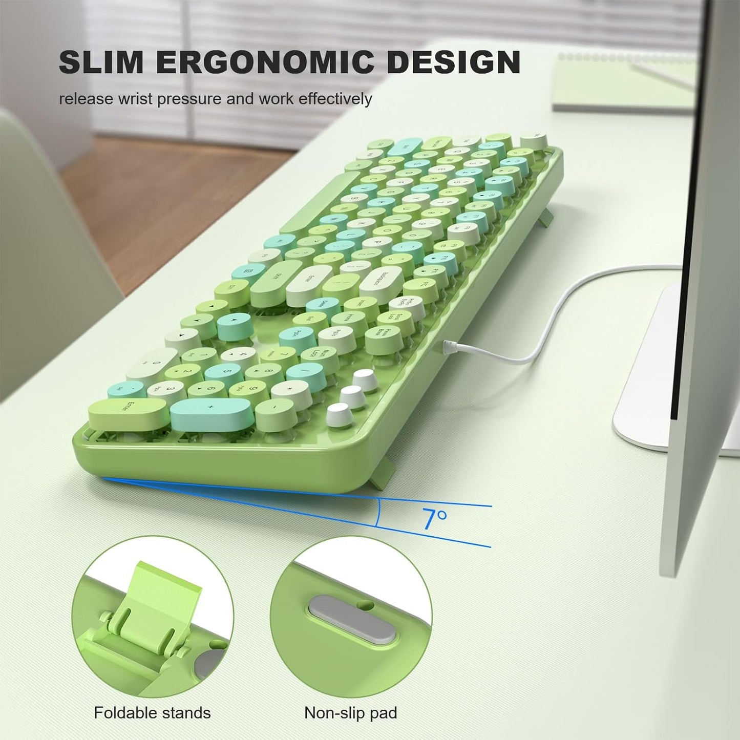 Computer Keyboard Wired, Typewriter Style, Plug Play USB Keyboard with Large Number Pad, Caps Indicators, Foldable Stands, Full Size Wired Keyboard for Windows PC Laptop (Green Colorful)