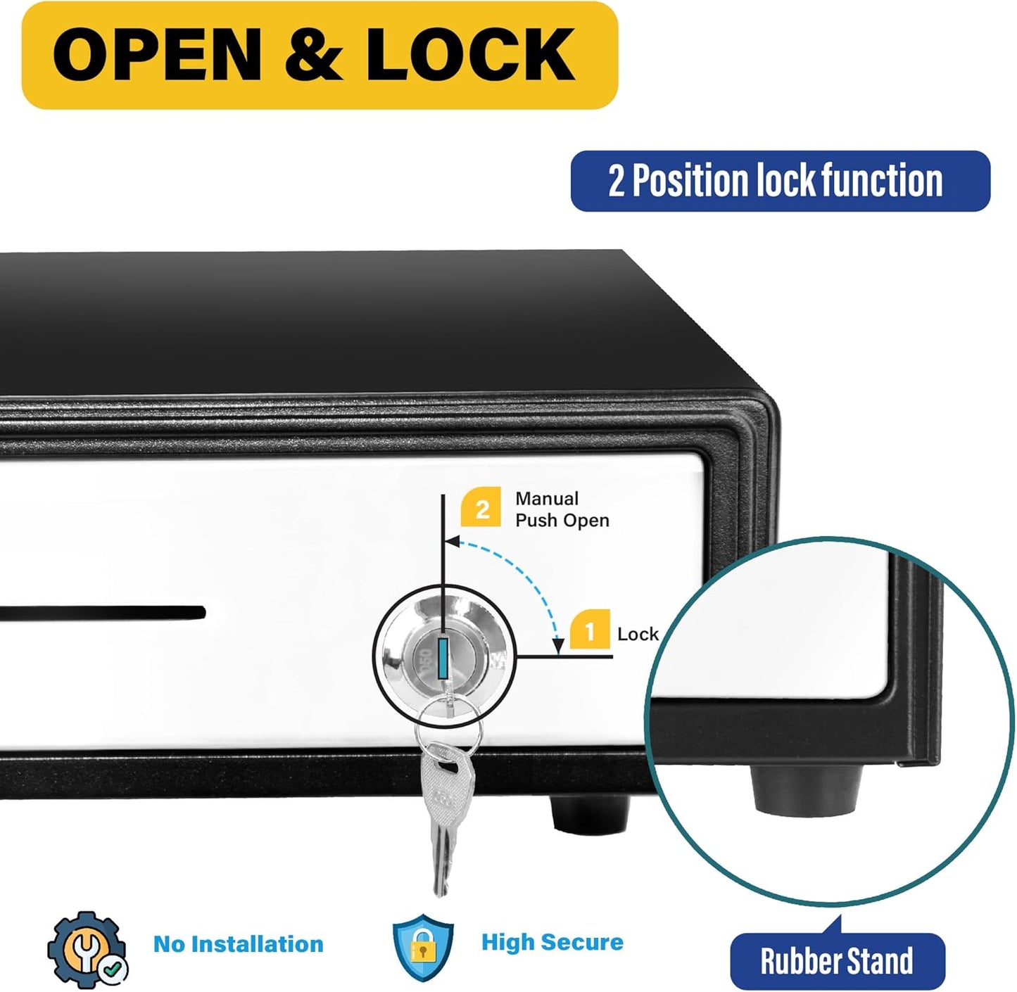 HK SYSTEMS 16inch Heavy Duty Manual Push-Open Cash Drawer with 5Bill/5Coin, Removable Till, Stainless Steel Front with Single Large Media Slot, Black