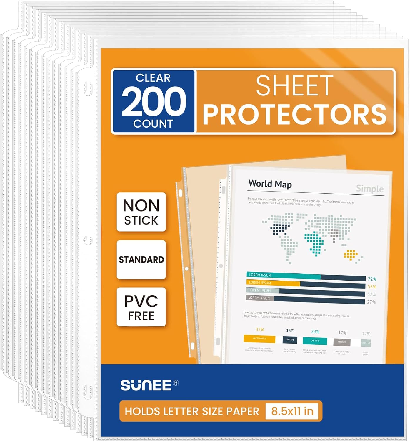 SUNEE Sheet Protectors 200 Packs for 3 Ring Binder, PVC-Free Clear Page Protectors 8.5x11 Inches Plastic Sleeves for Paper, Documents, Photos, Top Loading Binder Sleeves Letter Size