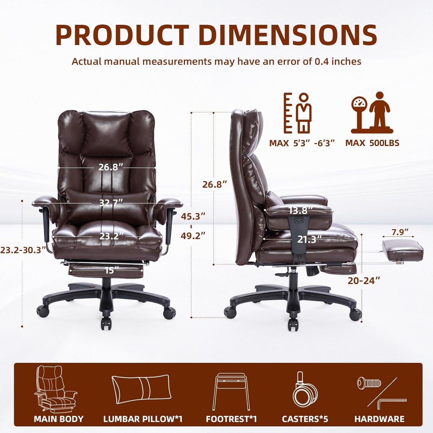 Big and Tall Office Chair 500lbs Wide Seat Executive Office Desk Chair High-Back Office Task Chair with Foot Rest, Ergonomic Lumbar Support Computer Office Chairs for Heavy People(Brown)