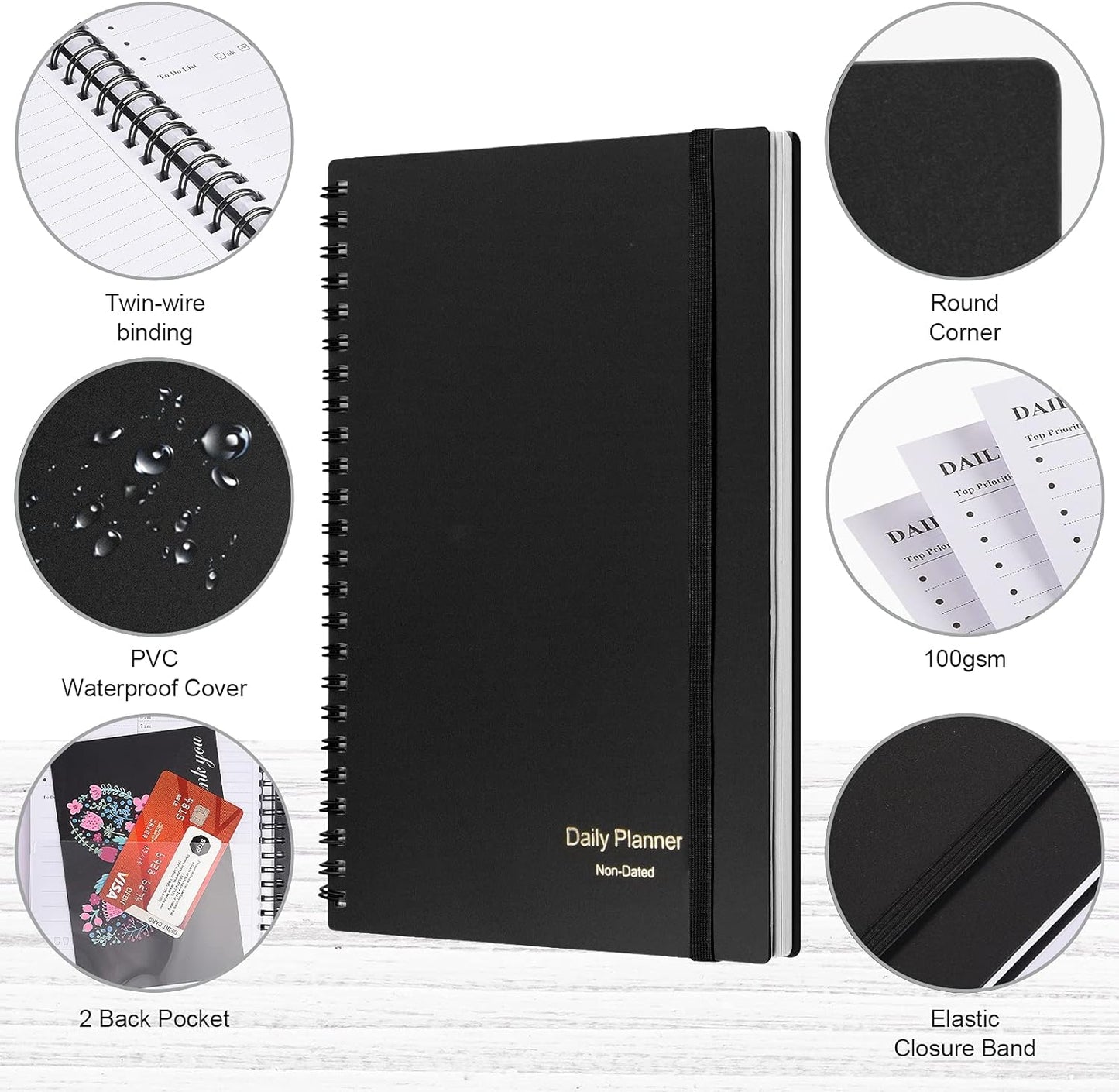 Daily Planner Undated, Asten to Do List Notebook Hourly Schedules Spiral Appointment Planner for Men and Women,PVC Hardcover,Elastic Closure, Inner Pocket 8.3" x 5.8" (Black, 2 Pack)