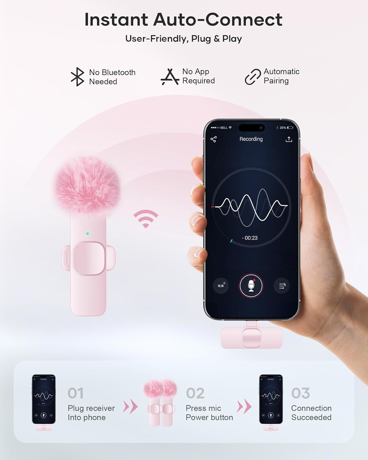 Wireless Lavalier Microphone for iPhone iPad and Android Phone, 2 Pack Lapel Mic Plug and Play Wireless Mic Noise Reduction Microphone for Video Recording Interview Podcast Vlog YouTube Tiktok (Pink)