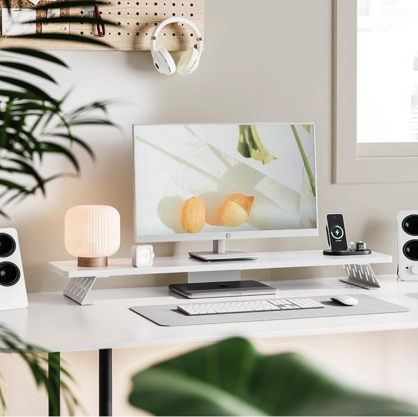 Fenge Dual Monitor Stand Riser, 42.5 Inch Desk Top Shelf for 2 Monitors, Computer Stands for Desk, Wood & Steel Desktop Riser for Laptop, PC, Printer