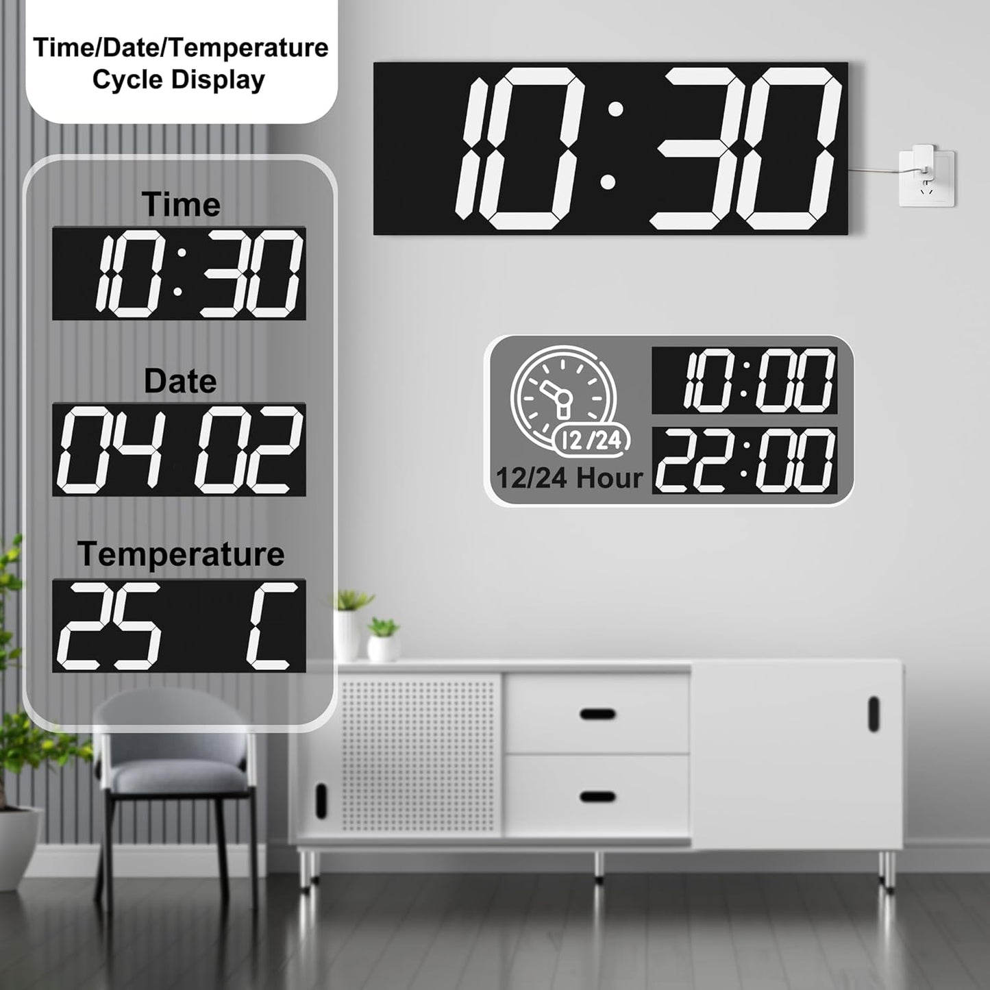 18.7'' Automic Digital Wall Clock, LED Digital Clock with Large Display, Multi-Function Wall Clock with Alarm and Timer, Auto Time Sync Clock with Adjustable Brigthness(White)