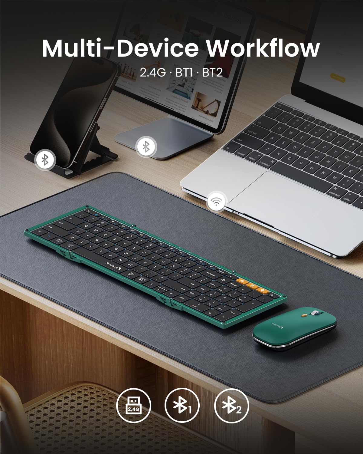 ProtoArc Foldable Keyboard and Mouse, XKM01 True Full-Size Folding Wireless Keyboard Mouse Combo for Business Travel, a Portable Office Suite On-The-Go, Compatible with Laptop iPad Tablet - Green